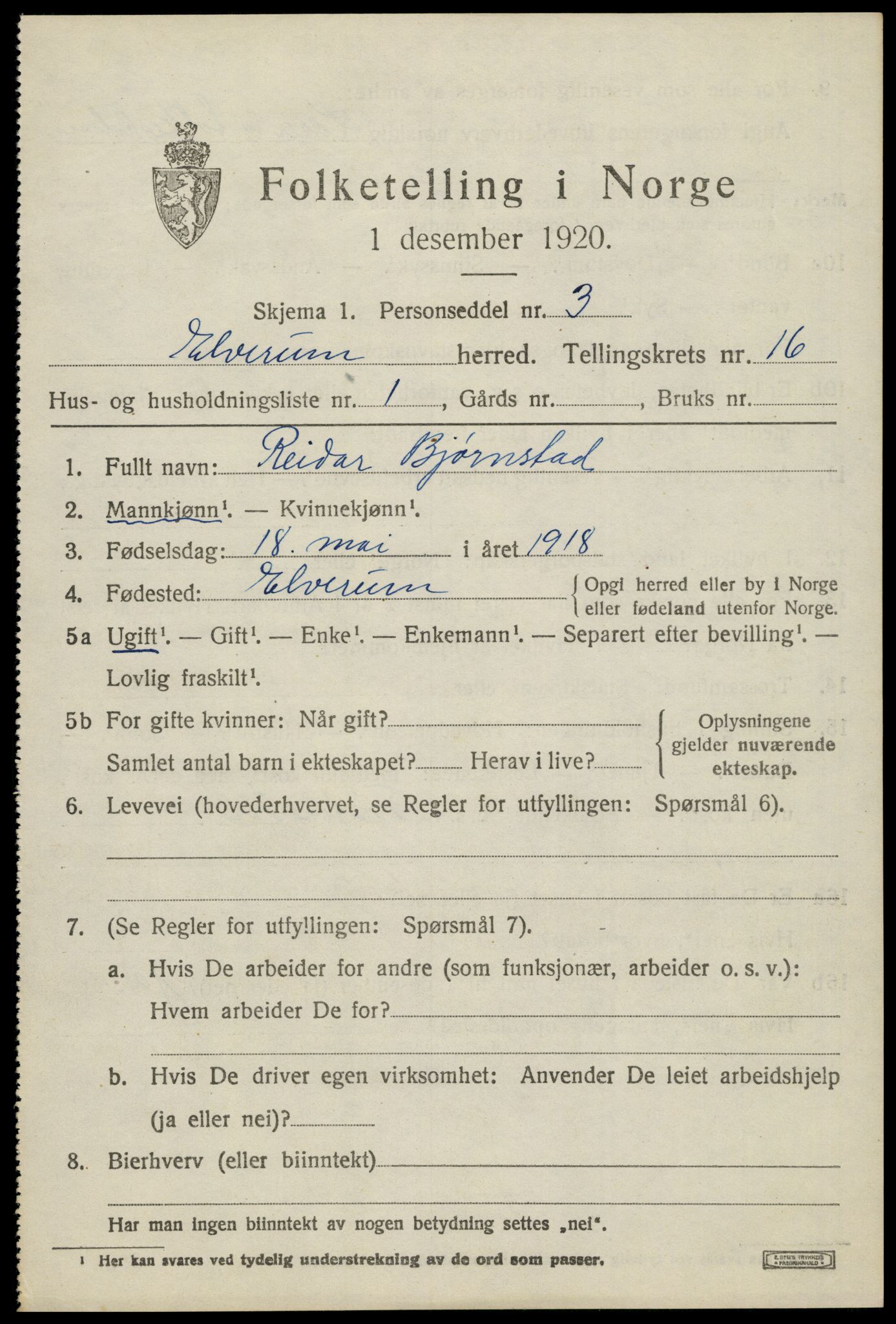 SAH, 1920 census for Elverum, 1920, p. 20796