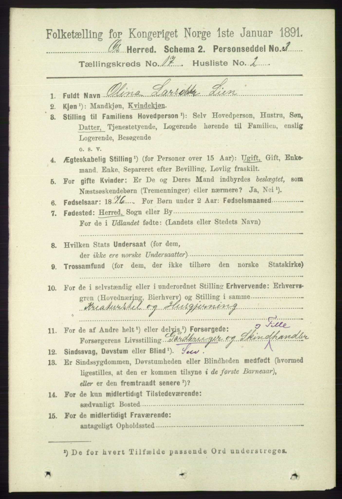 RA, 1891 census for 1243 Os, 1891, p. 3725