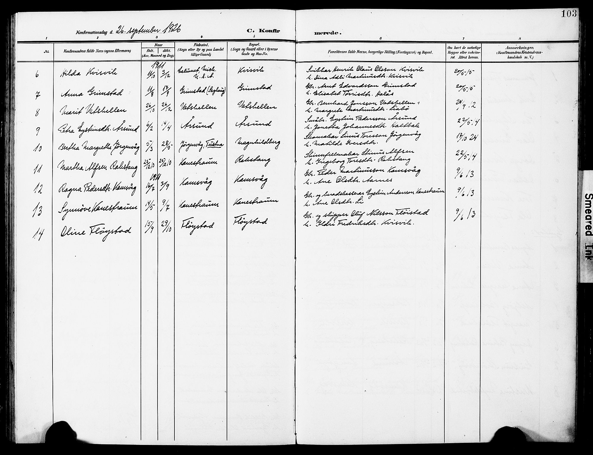 Ministerialprotokoller, klokkerbøker og fødselsregistre - Møre og Romsdal, AV/SAT-A-1454/587/L1001: Parish register (copy) no. 587C01, 1906-1927, p. 103