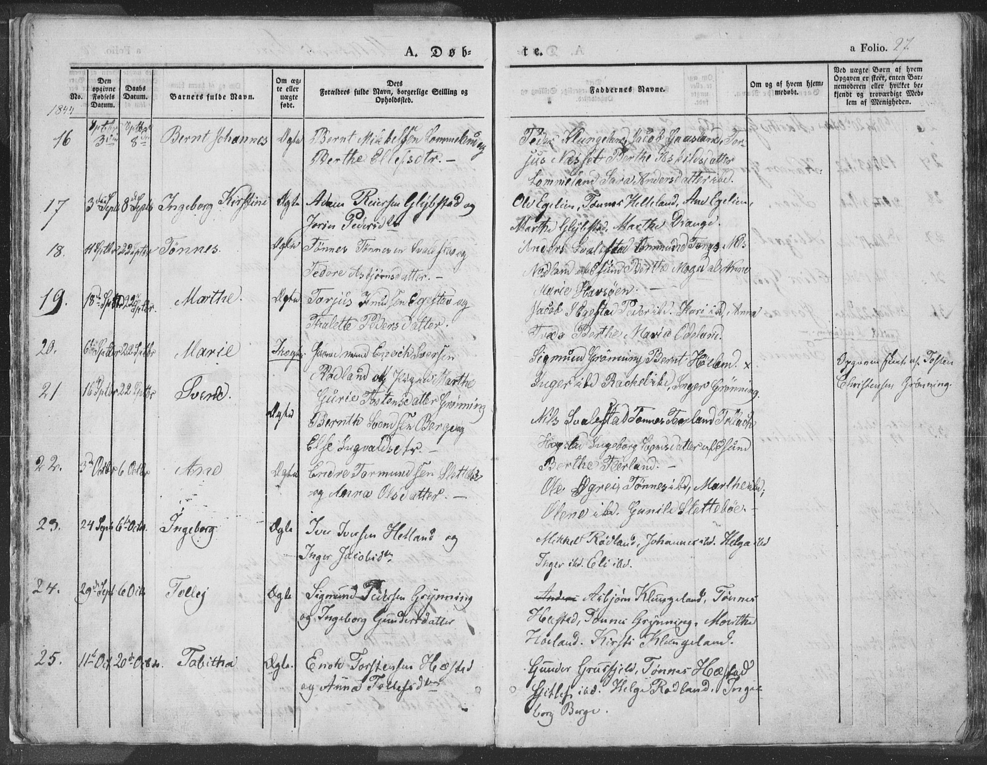 Helleland sokneprestkontor, SAST/A-101810: Parish register (official) no. A 6.1, 1834-1863, p. 27