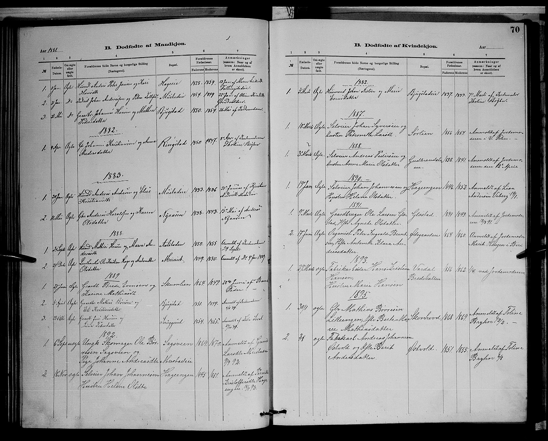 Vardal prestekontor, SAH/PREST-100/H/Ha/Hab/L0008: Parish register (copy) no. 8, 1881-1898, p. 70