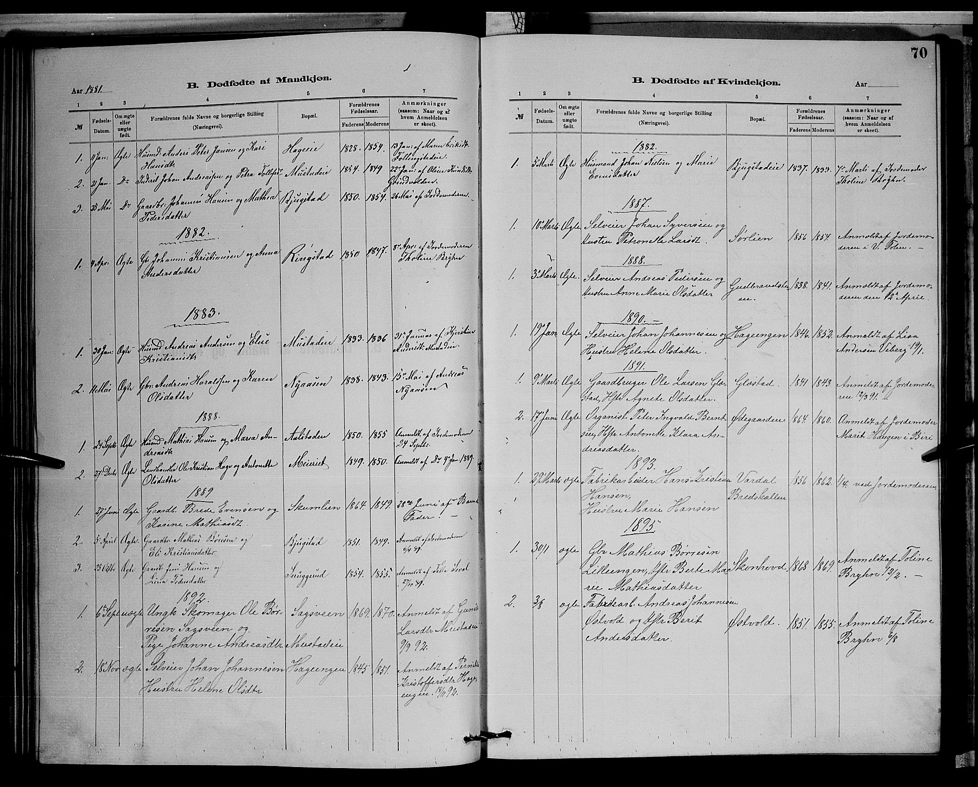 Vardal prestekontor, AV/SAH-PREST-100/H/Ha/Hab/L0008: Parish register (copy) no. 8, 1881-1898, p. 70