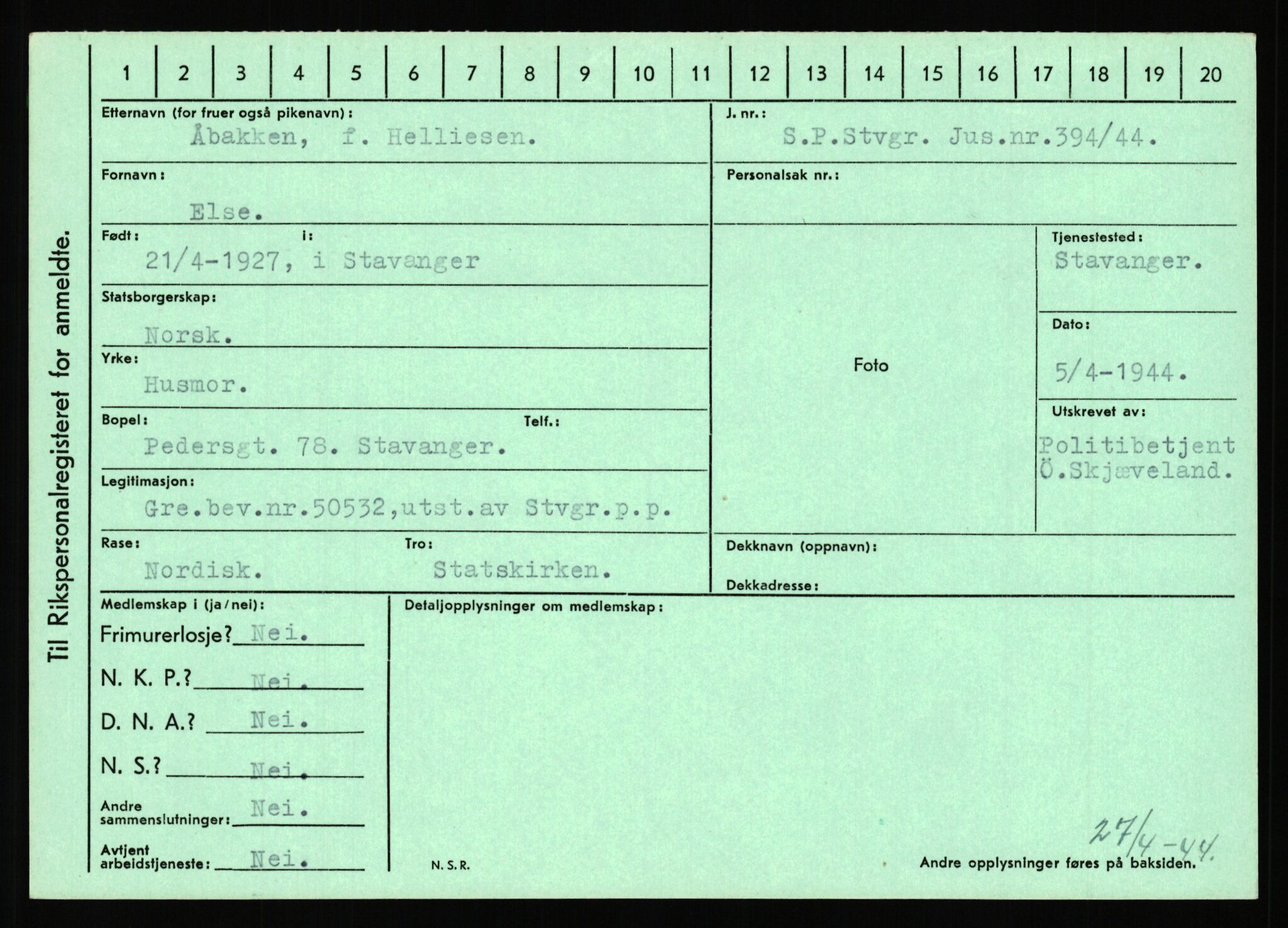 Statspolitiet - Hovedkontoret / Osloavdelingen, AV/RA-S-1329/C/Ca/L0001: Aabakken - Armann, 1943-1945, p. 4