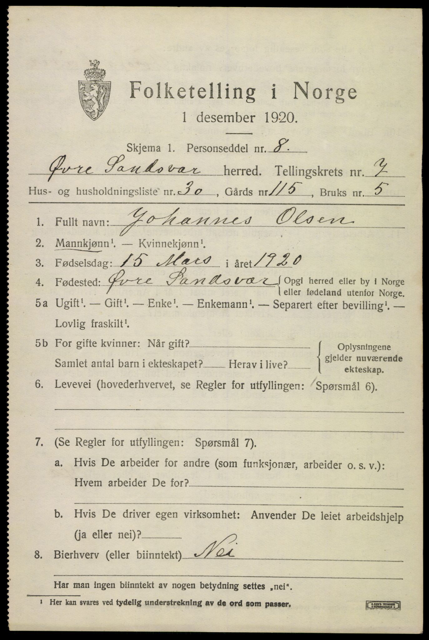 SAKO, 1920 census for Øvre Sandsvær, 1920, p. 4126