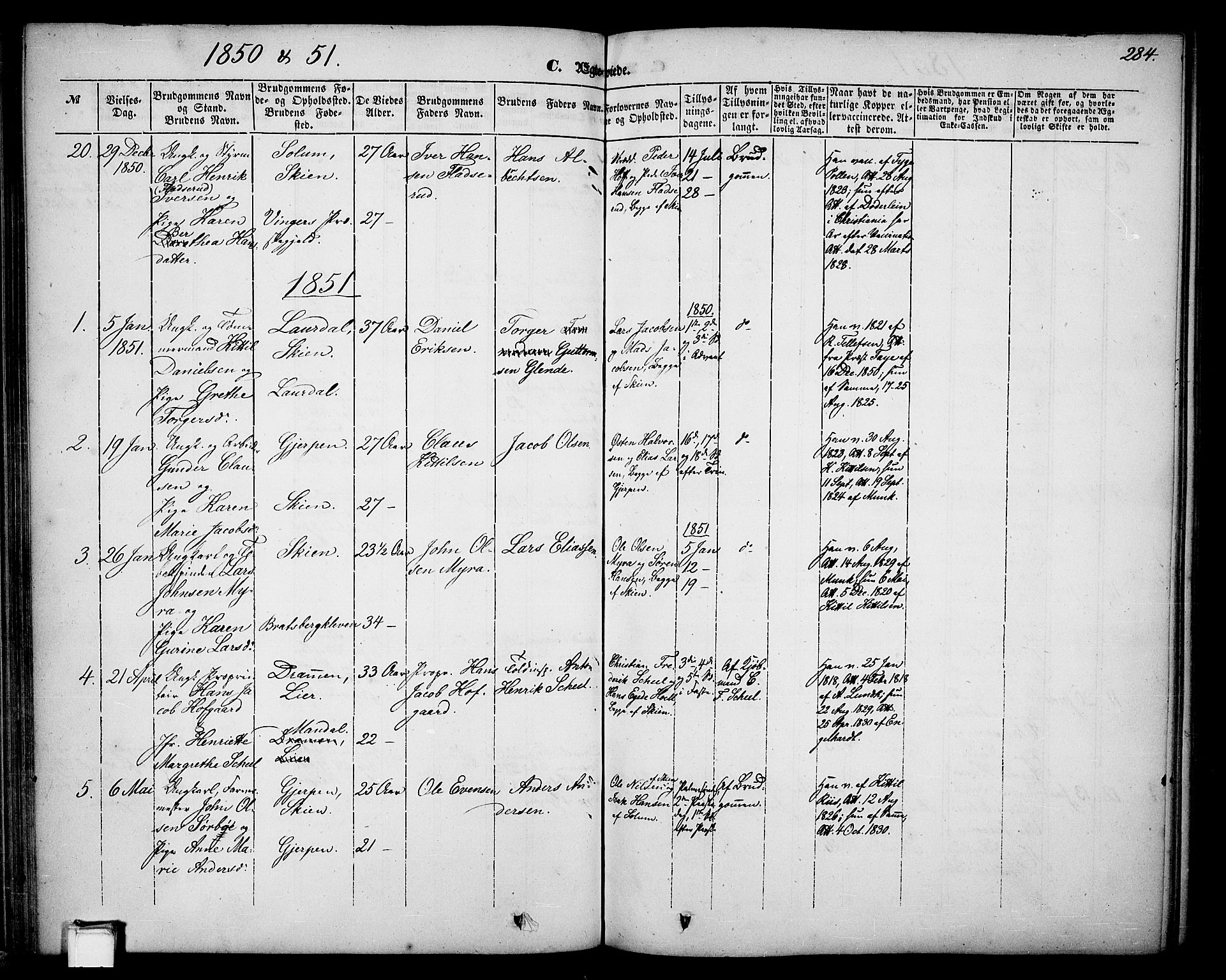 Skien kirkebøker, SAKO/A-302/G/Ga/L0004: Parish register (copy) no. 4, 1843-1867, p. 284
