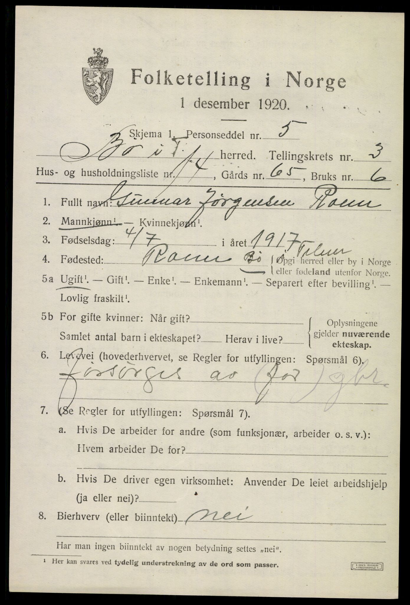 SAKO, 1920 census for Bø (Telemark), 1920, p. 2810