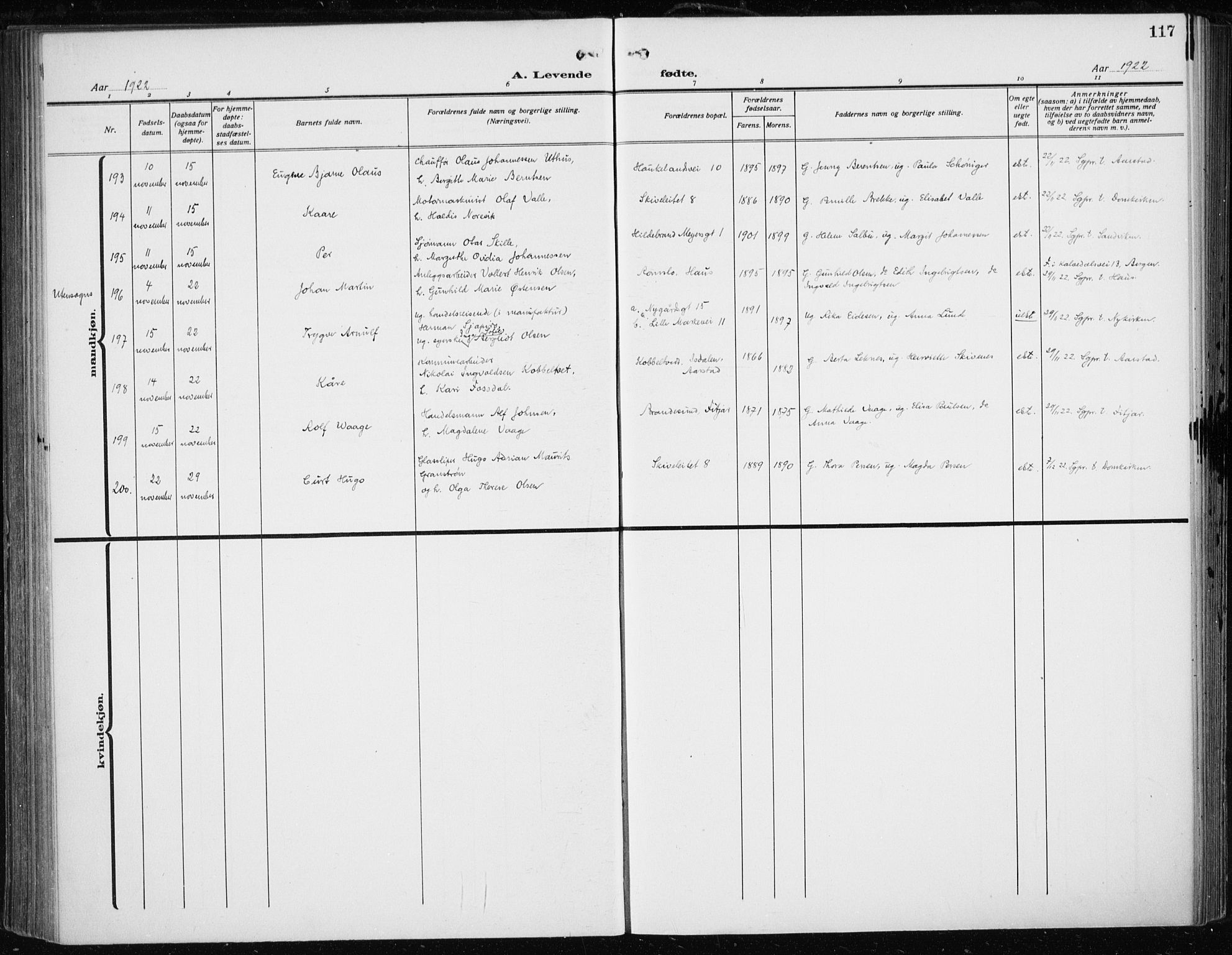 Fødselsstiftelsens sokneprestembete*, SAB/-: Parish register (official) no. A 5, 1918-1926, p. 117