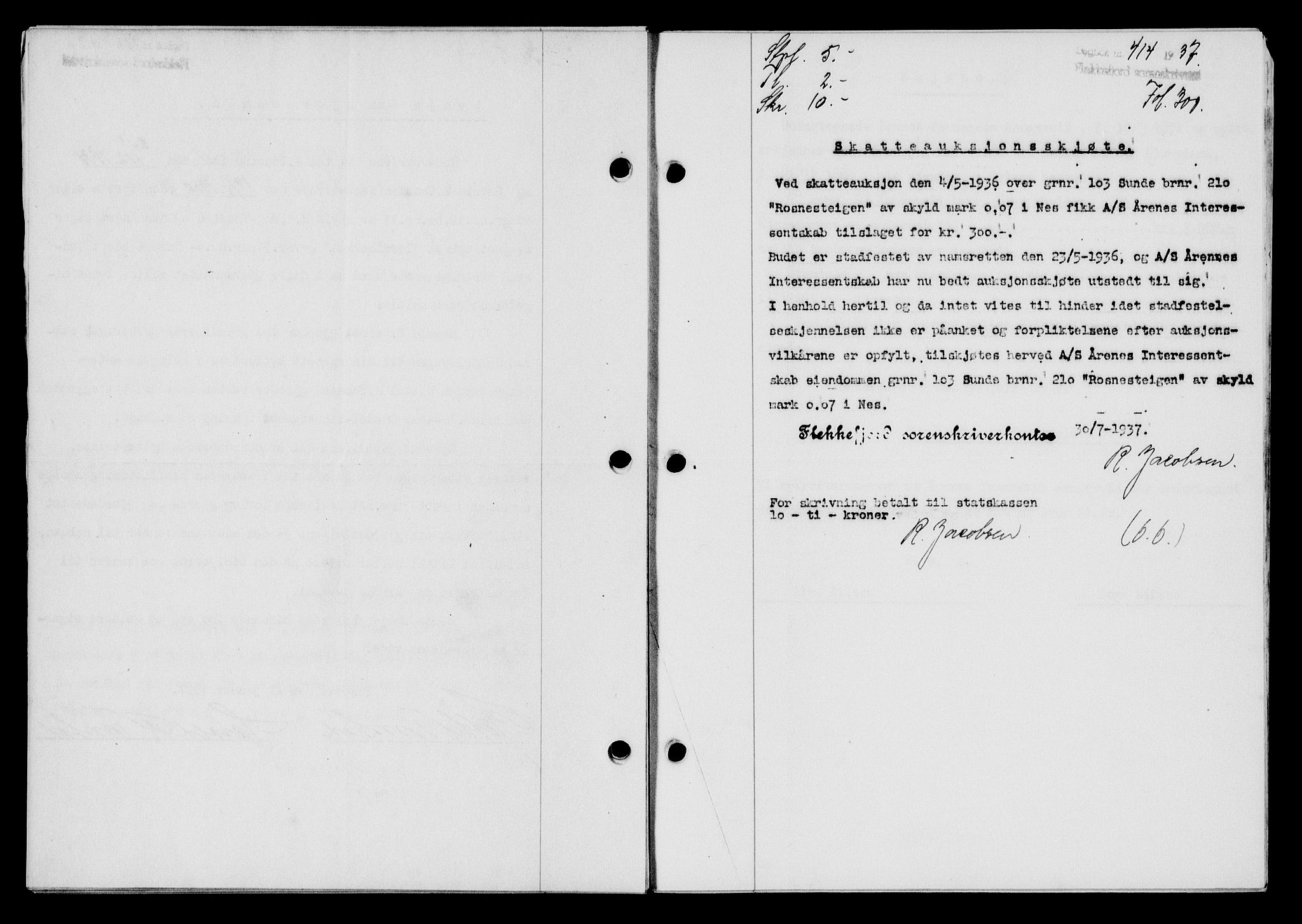 Flekkefjord sorenskriveri, SAK/1221-0001/G/Gb/Gba/L0053: Mortgage book no. A-1, 1936-1937, Diary no: : 414/1937