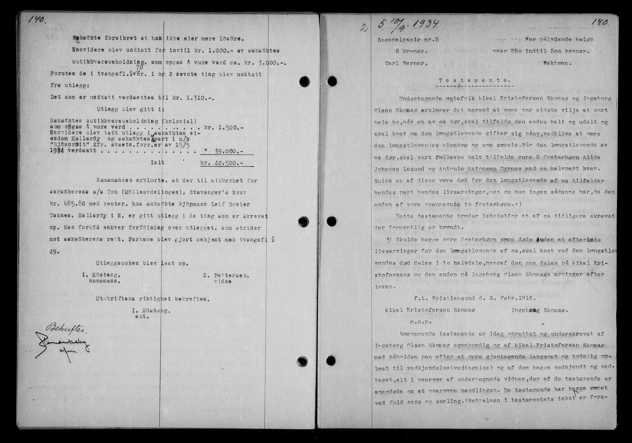 Nordmøre sorenskriveri, AV/SAT-A-4132/1/2/2Ca/L0082: Mortgage book no. 72, 1934-1934, Deed date: 10.09.1934