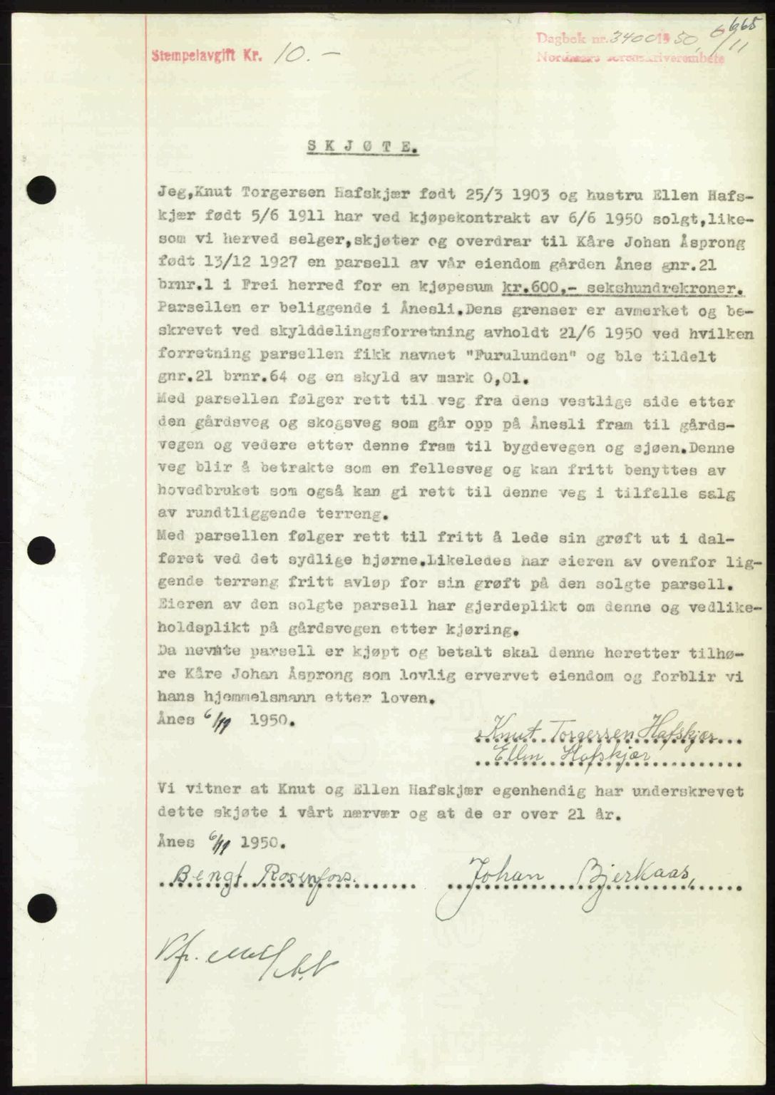 Nordmøre sorenskriveri, AV/SAT-A-4132/1/2/2Ca: Mortgage book no. A116, 1950-1950, Diary no: : 3400/1950