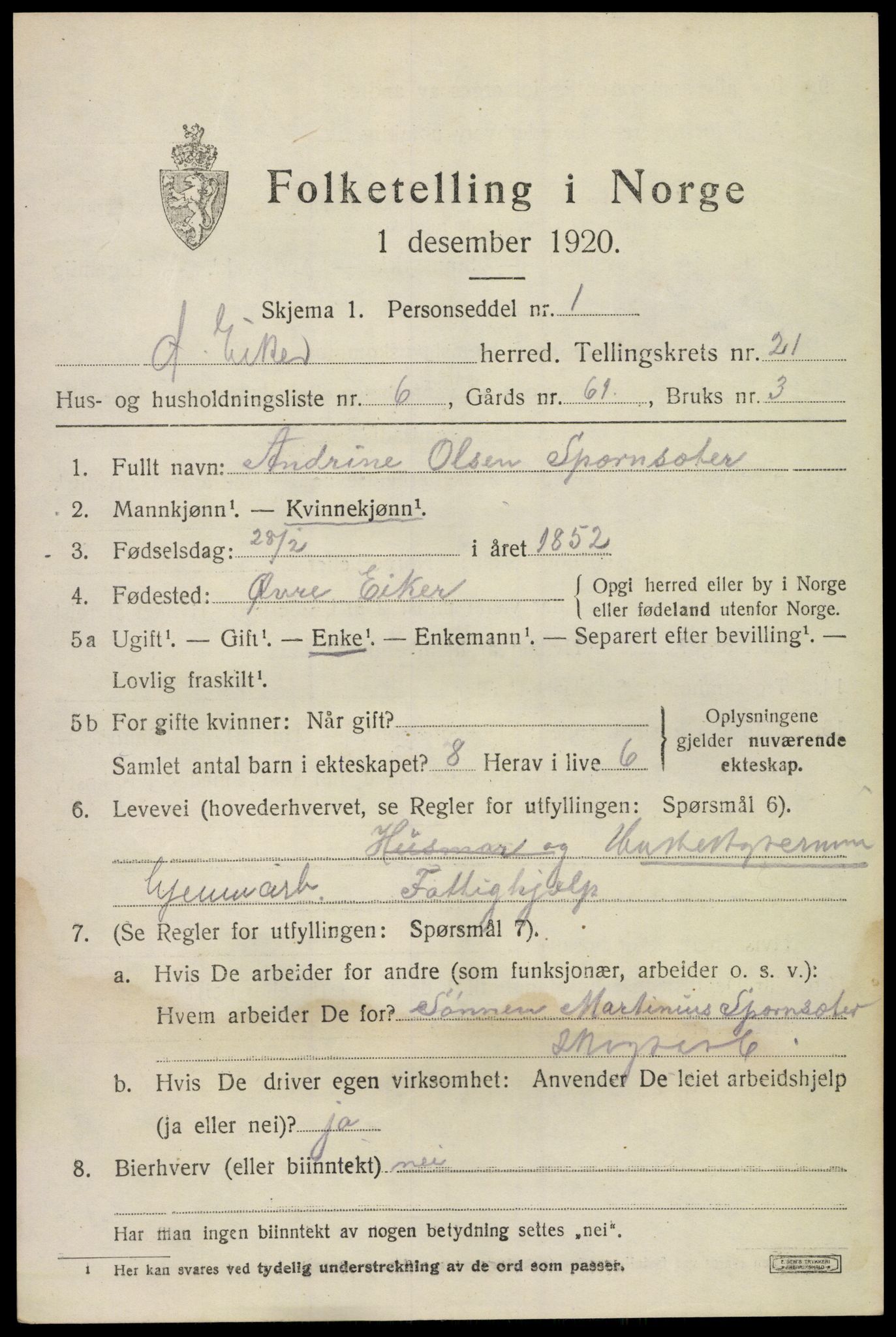 SAKO, 1920 census for Øvre Eiker, 1920, p. 22688