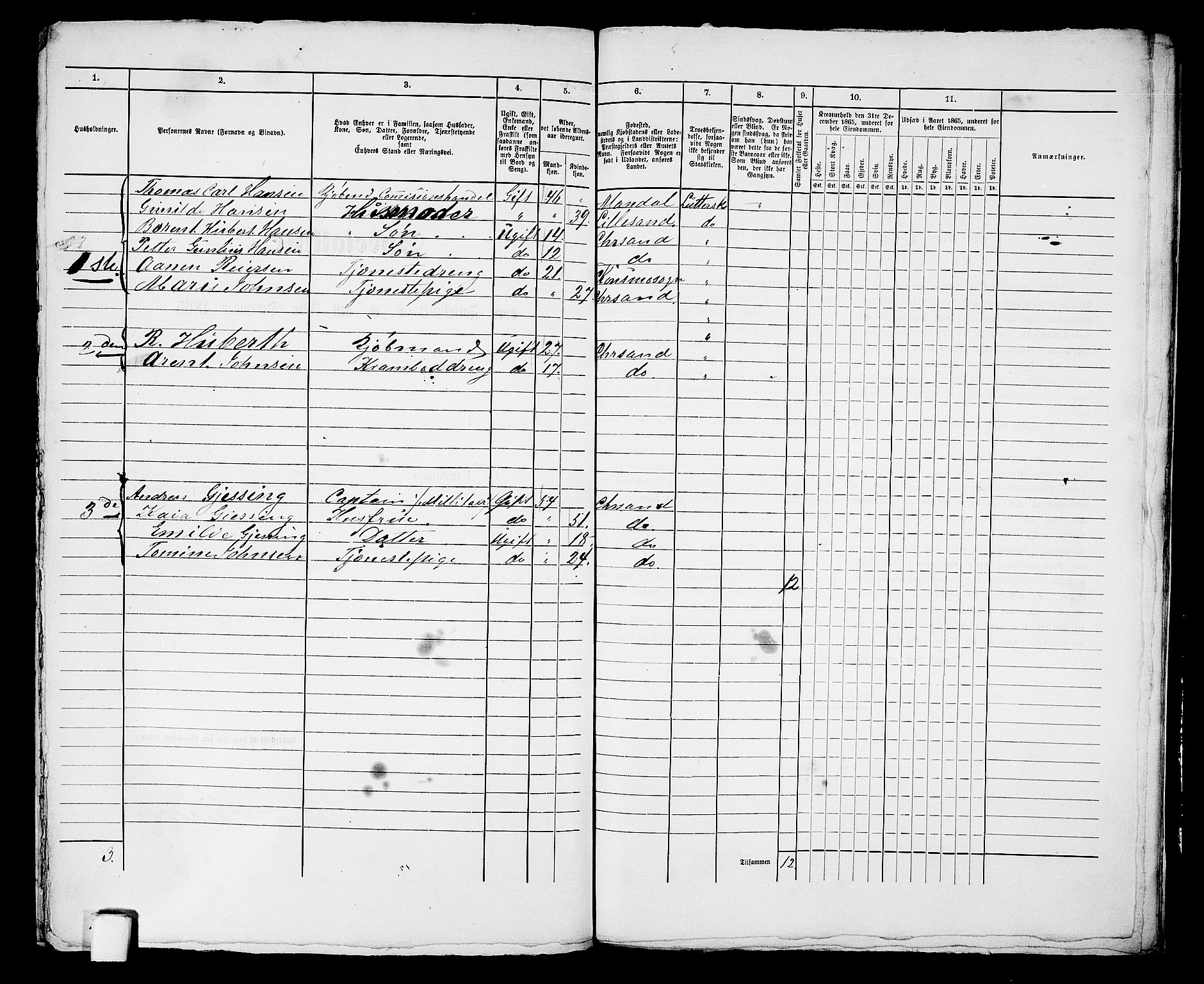 RA, 1865 census for Kristiansand, 1865, p. 1522