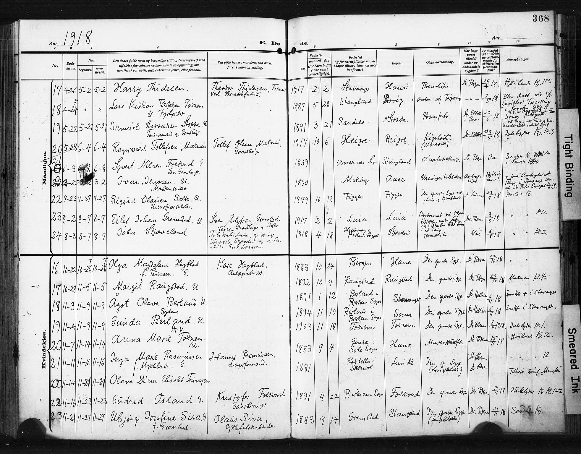 Høyland sokneprestkontor, AV/SAST-A-101799/001/30BA/L0017: Parish register (official) no. A 15, 1912-1924, p. 368