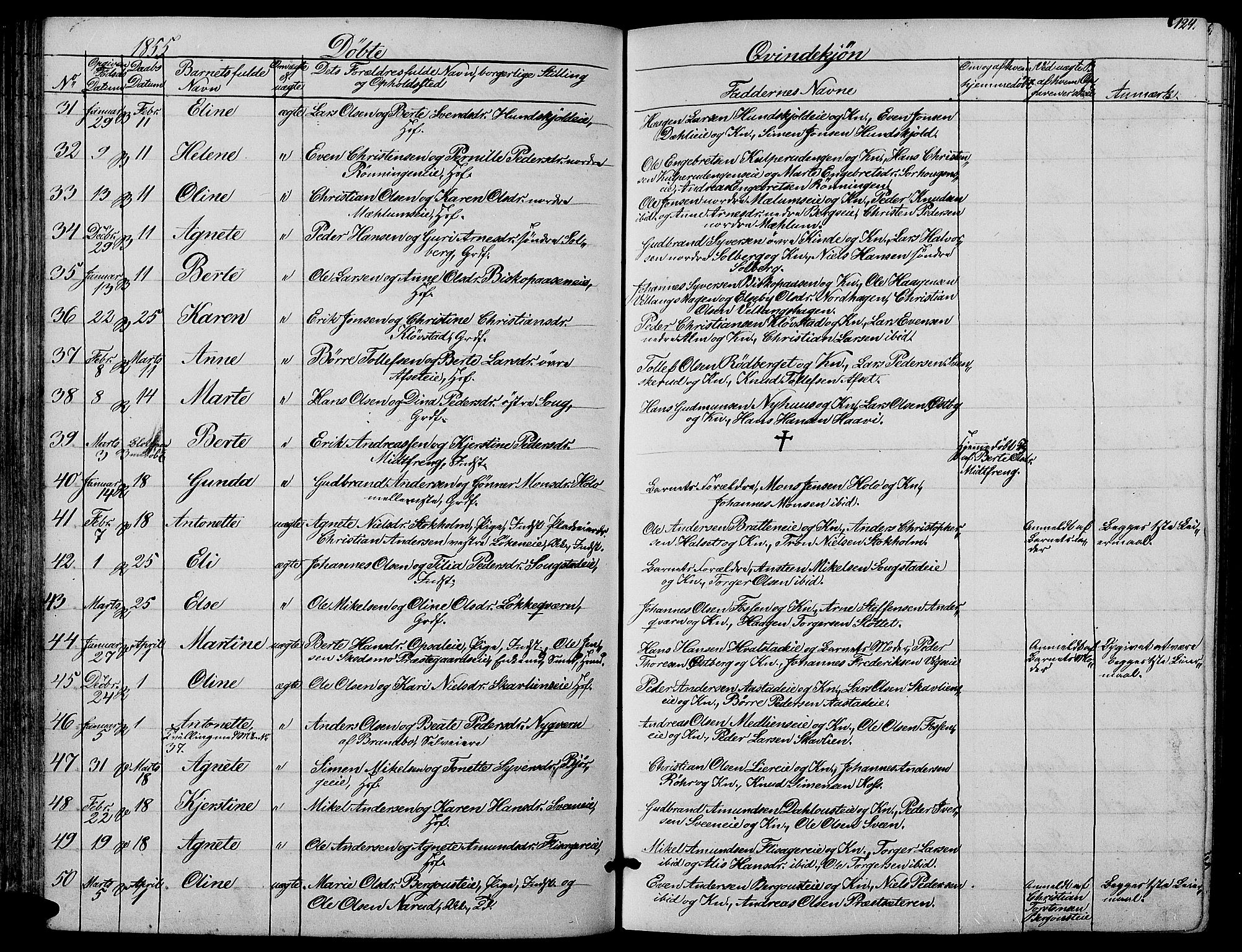 Ringsaker prestekontor, SAH/PREST-014/L/La/L0006: Parish register (copy) no. 6, 1851-1860, p. 124