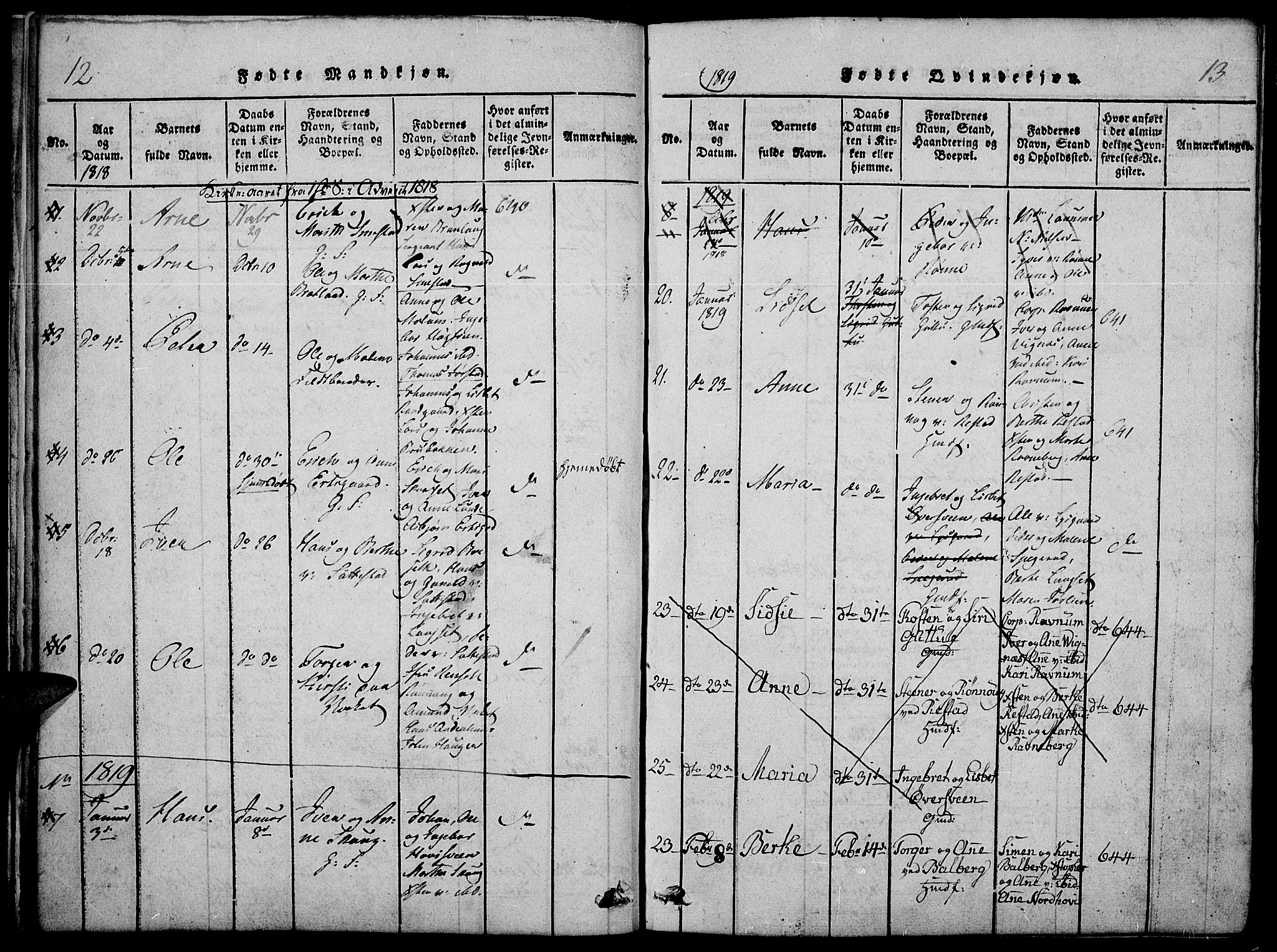 Fåberg prestekontor, SAH/PREST-086/H/Ha/Haa/L0003: Parish register (official) no. 3, 1818-1833, p. 12-13