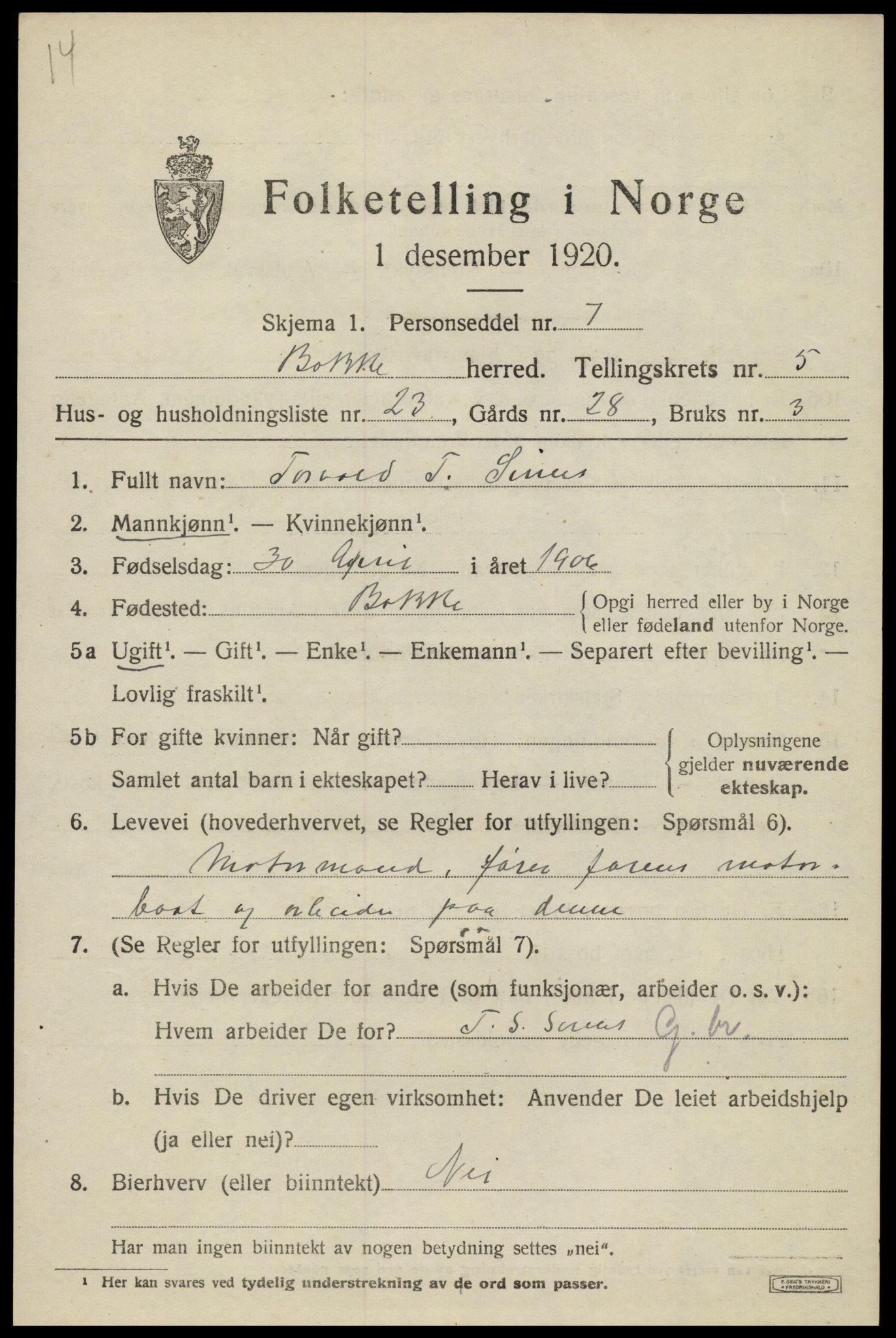 SAK, 1920 census for Bakke, 1920, p. 1684