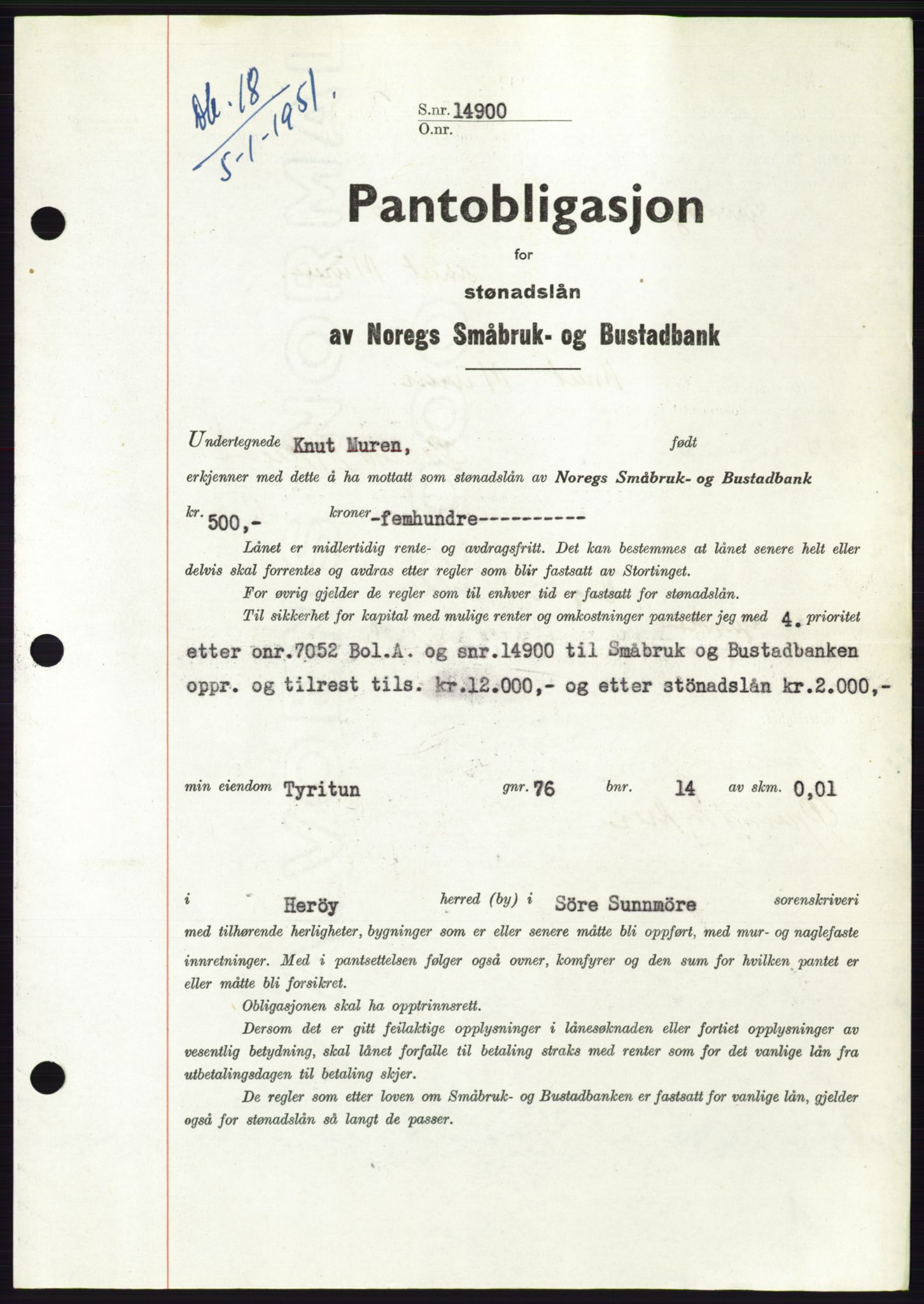 Søre Sunnmøre sorenskriveri, AV/SAT-A-4122/1/2/2C/L0119: Mortgage book no. 7B, 1950-1951, Diary no: : 18/1951