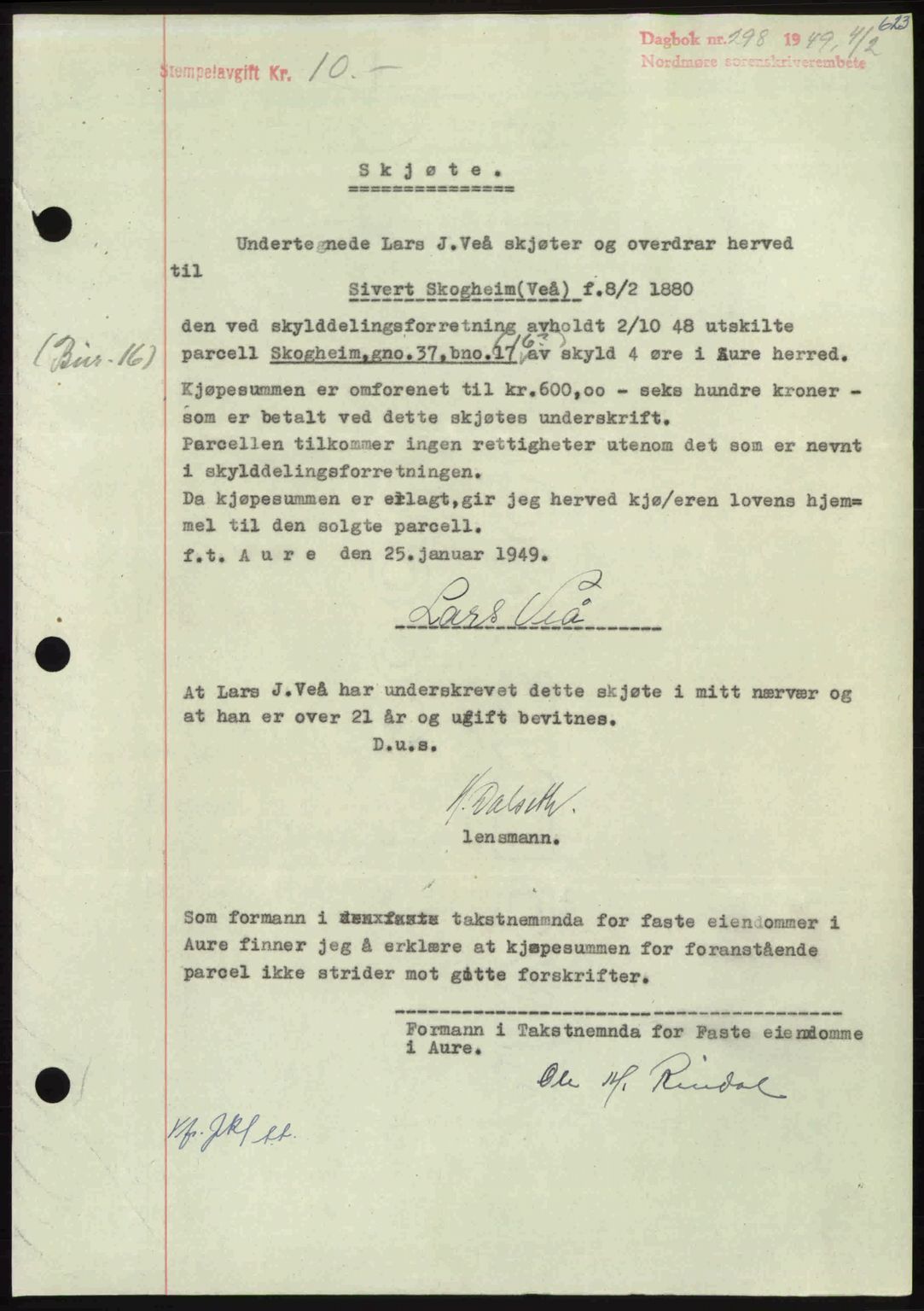 Nordmøre sorenskriveri, AV/SAT-A-4132/1/2/2Ca: Mortgage book no. A110, 1948-1949, Diary no: : 298/1949