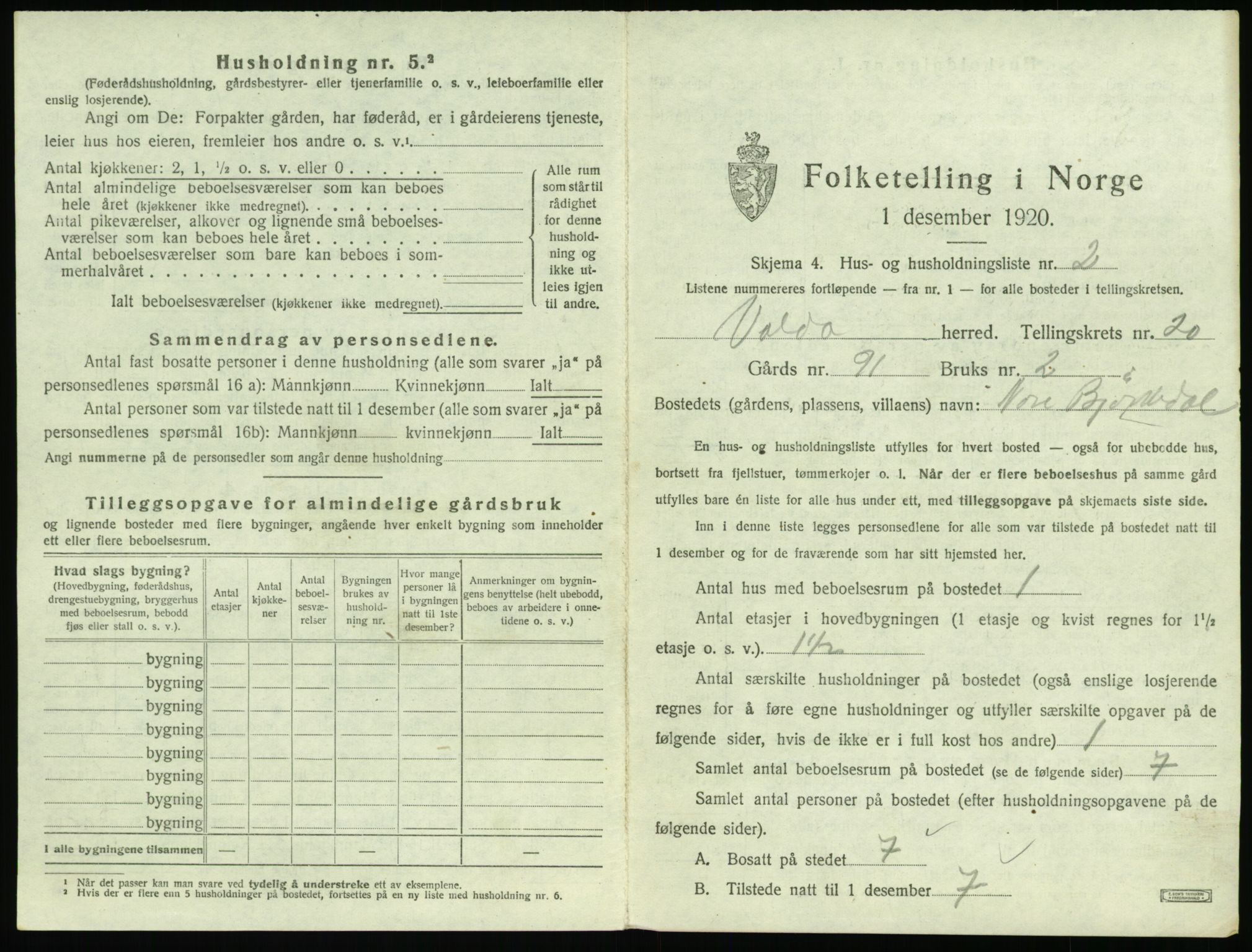 SAT, 1920 census for Volda, 1920, p. 1394