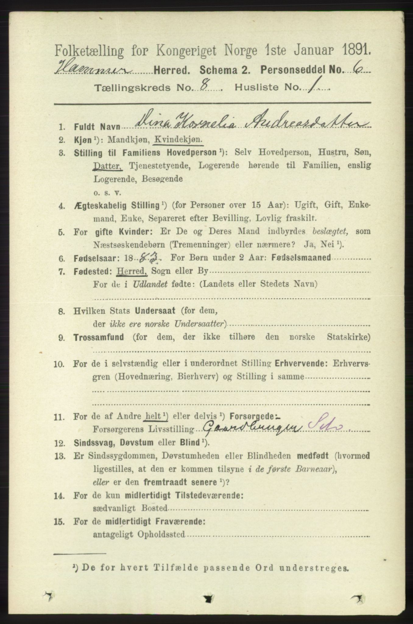 RA, 1891 census for 1254 Hamre, 1891, p. 2004