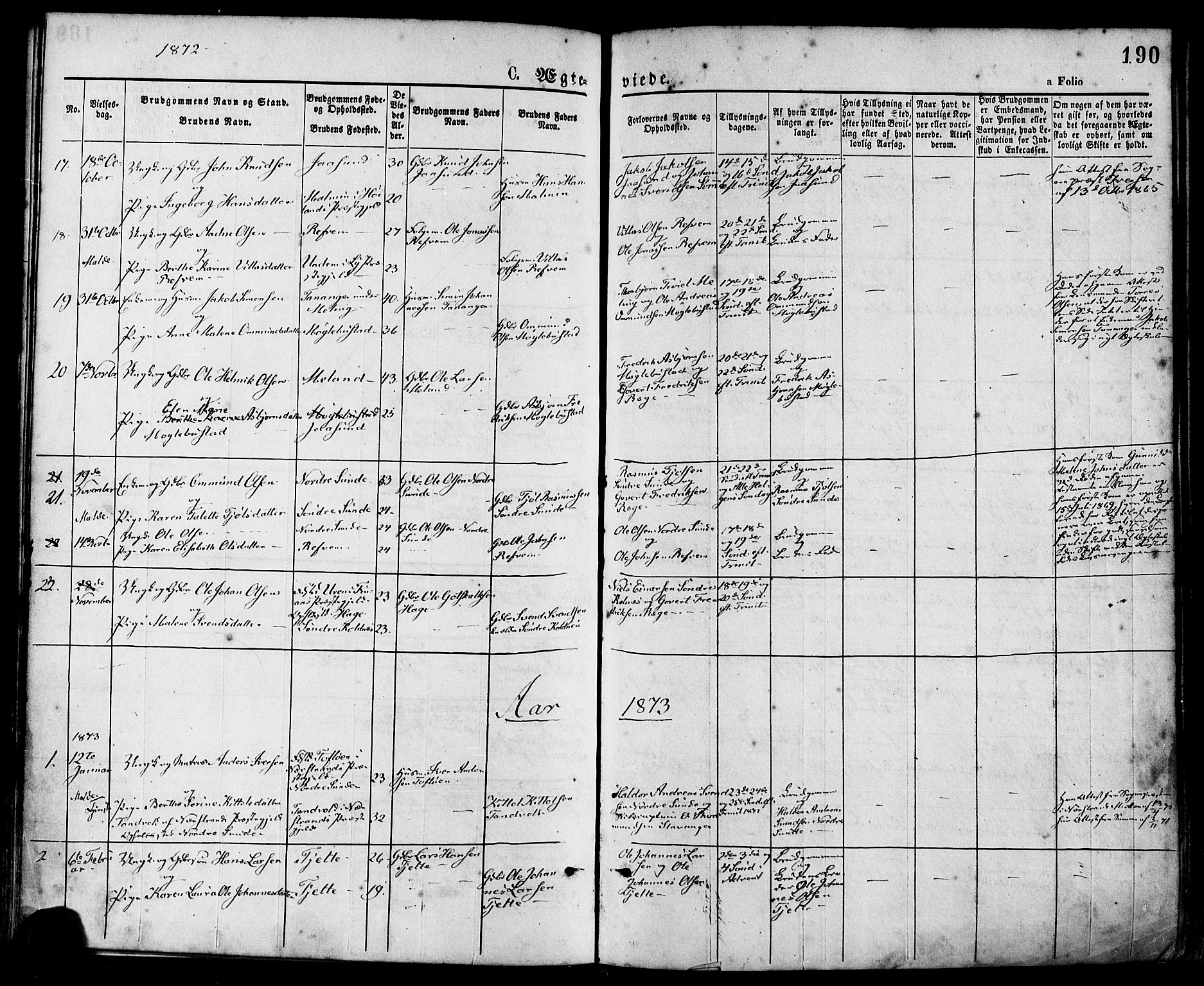 Håland sokneprestkontor, SAST/A-101802/001/30BA/L0009: Parish register (official) no. A 8, 1871-1882, p. 190
