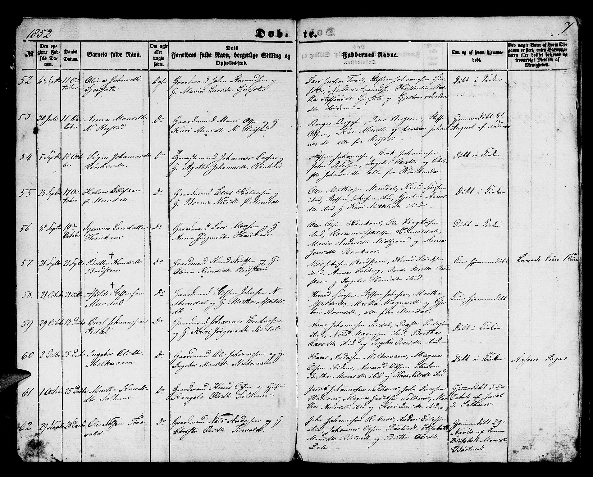 Hamre sokneprestembete, SAB/A-75501/H/Ha/Hab: Parish register (copy) no. B 1, 1852-1863, p. 7