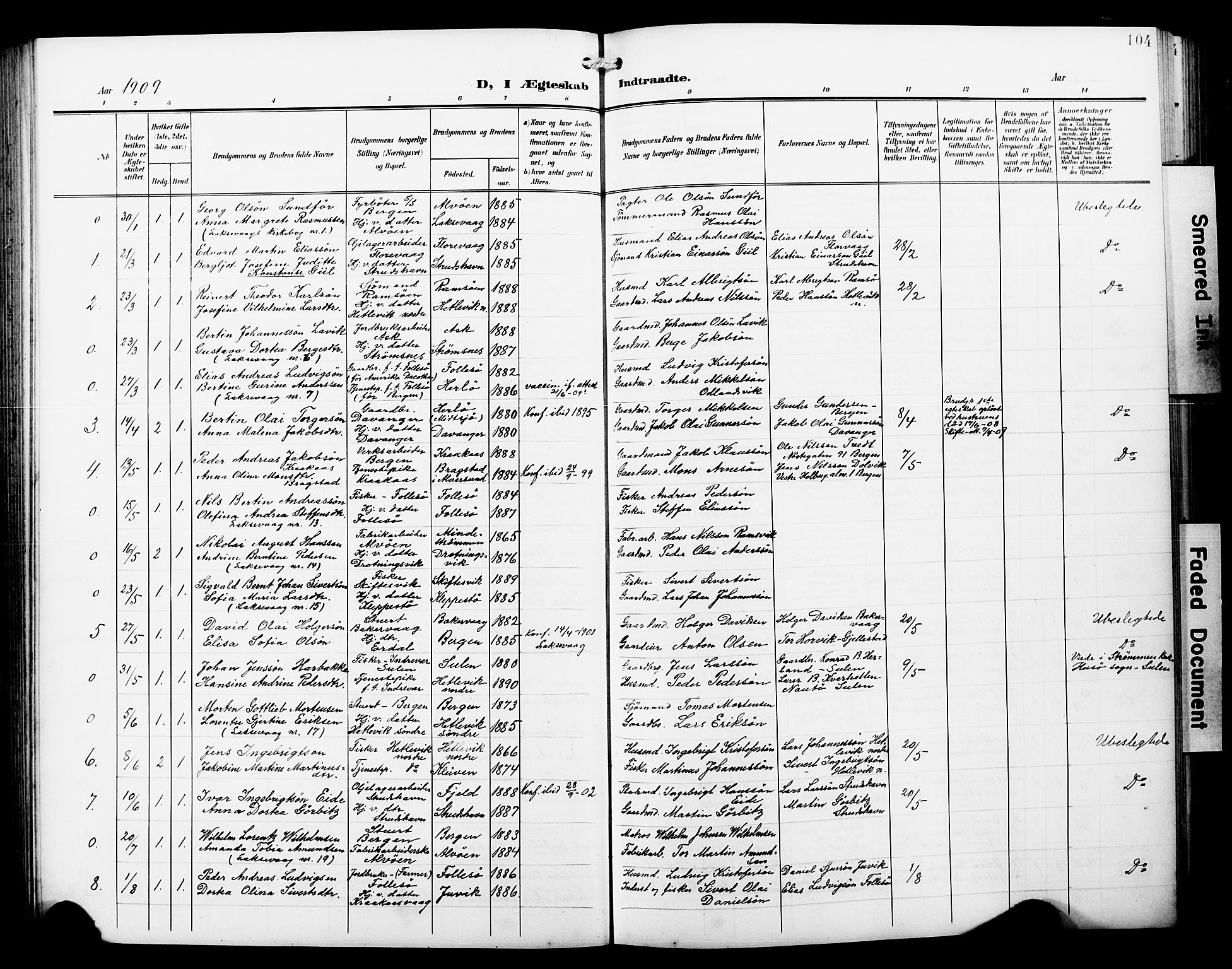 Askøy Sokneprestembete, AV/SAB-A-74101/H/Ha/Hab/Haba/L0014: Parish register (copy) no. A 14, 1904-1927, p. 104