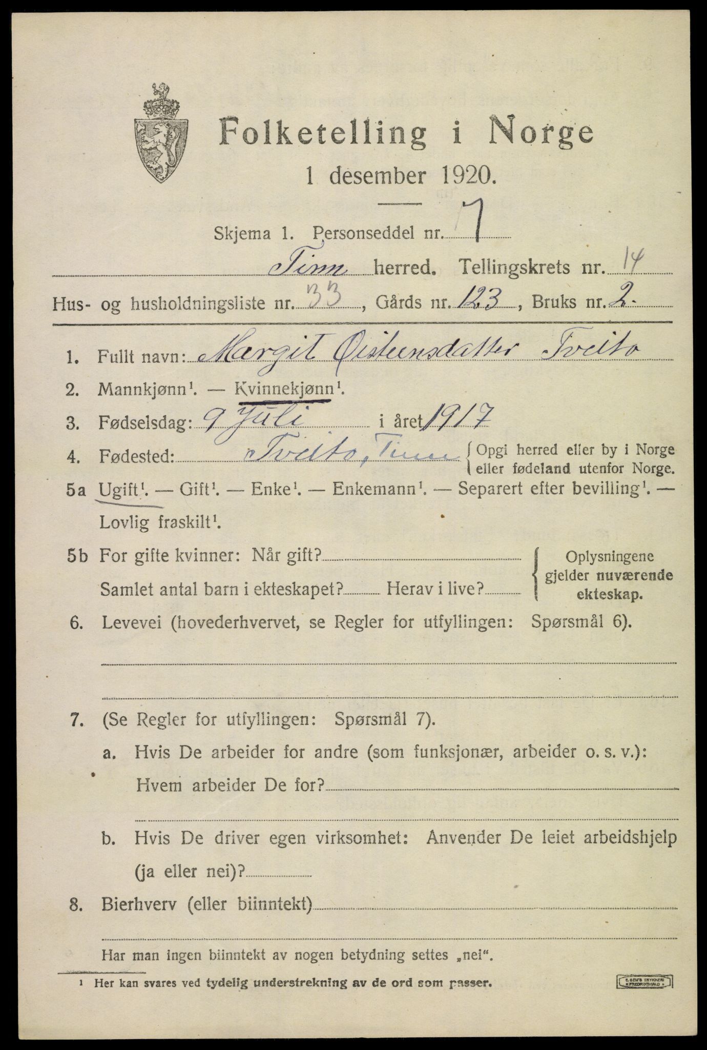 SAKO, 1920 census for Tinn, 1920, p. 9632