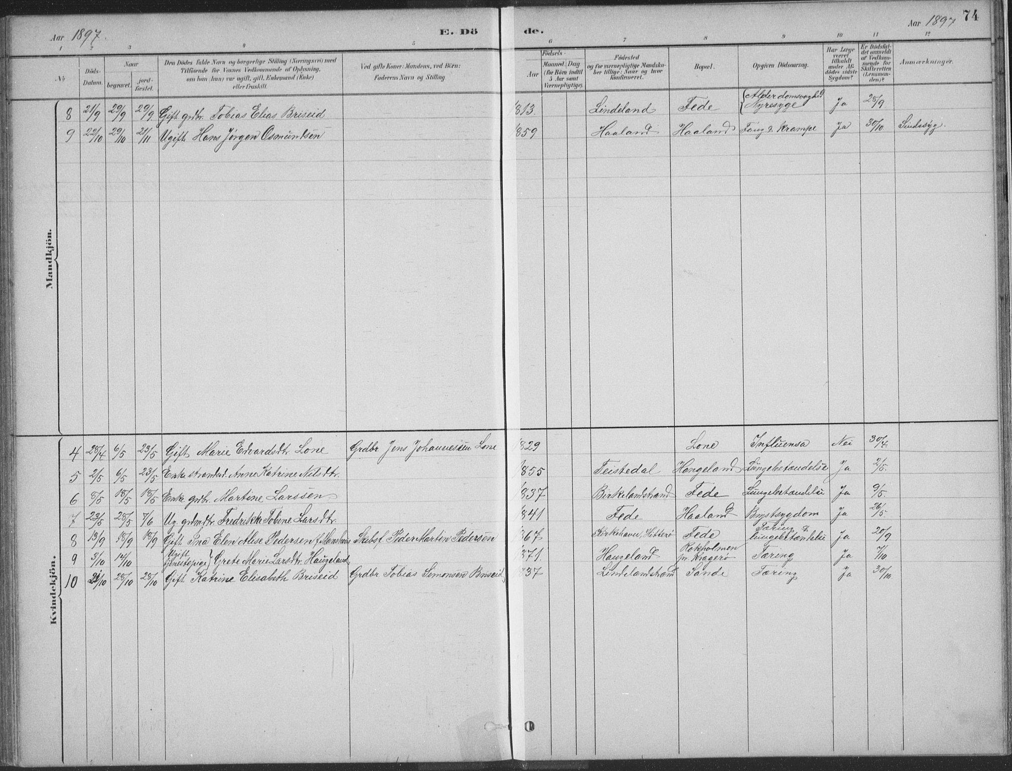 Kvinesdal sokneprestkontor, AV/SAK-1111-0026/F/Fa/Faa/L0004: Parish register (official) no. A 4, 1882-1897, p. 74