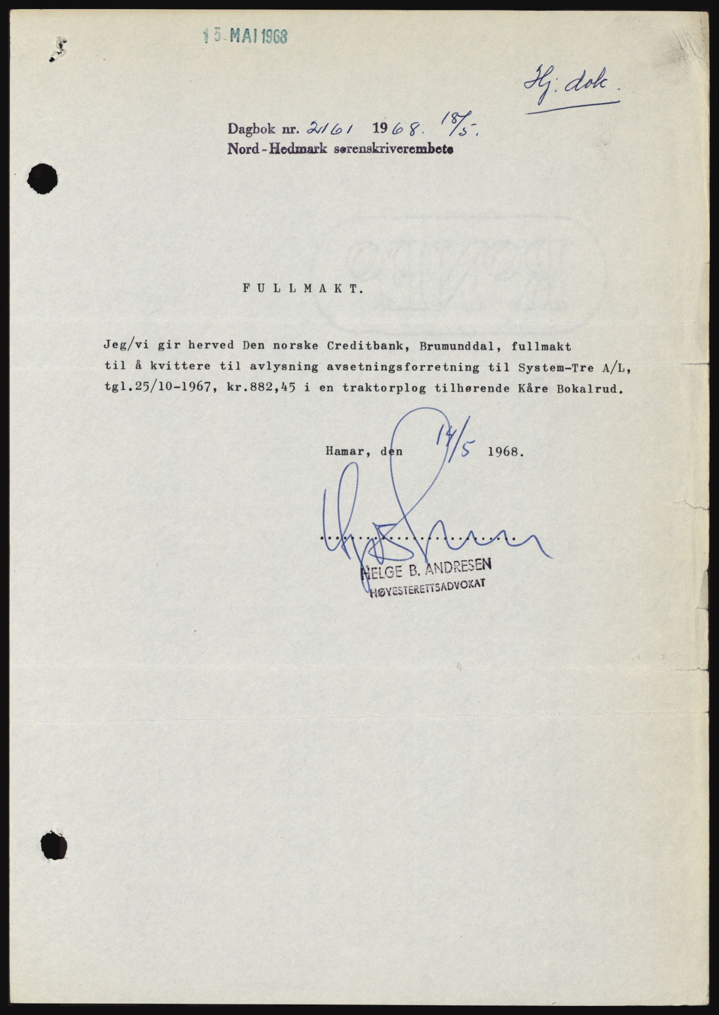 Nord-Hedmark sorenskriveri, SAH/TING-012/H/Hc/L0028: Mortgage book no. 28, 1968-1968, Diary no: : 2161/1968