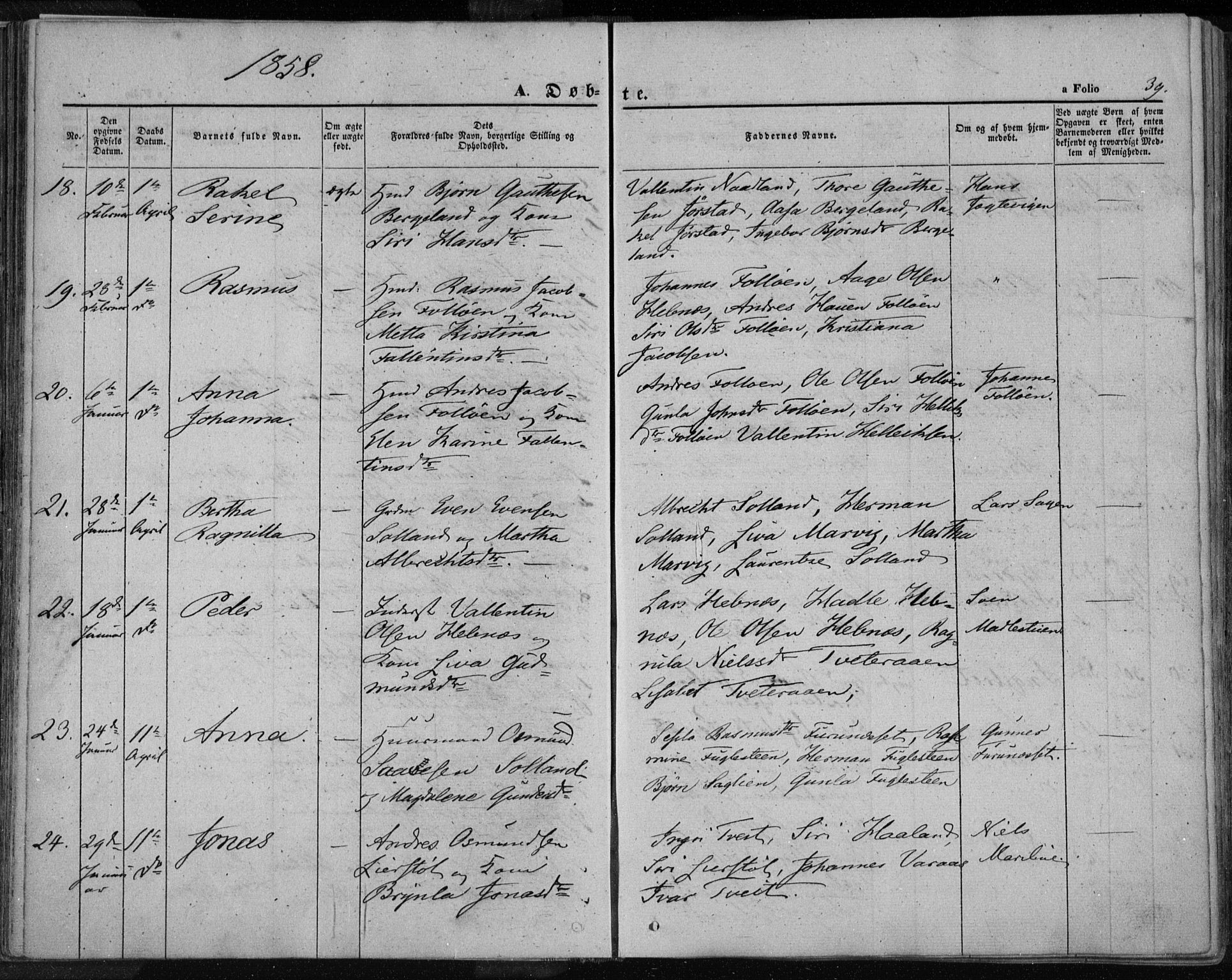 Jelsa sokneprestkontor, AV/SAST-A-101842/01/IV: Parish register (official) no. A 7, 1854-1866, p. 39