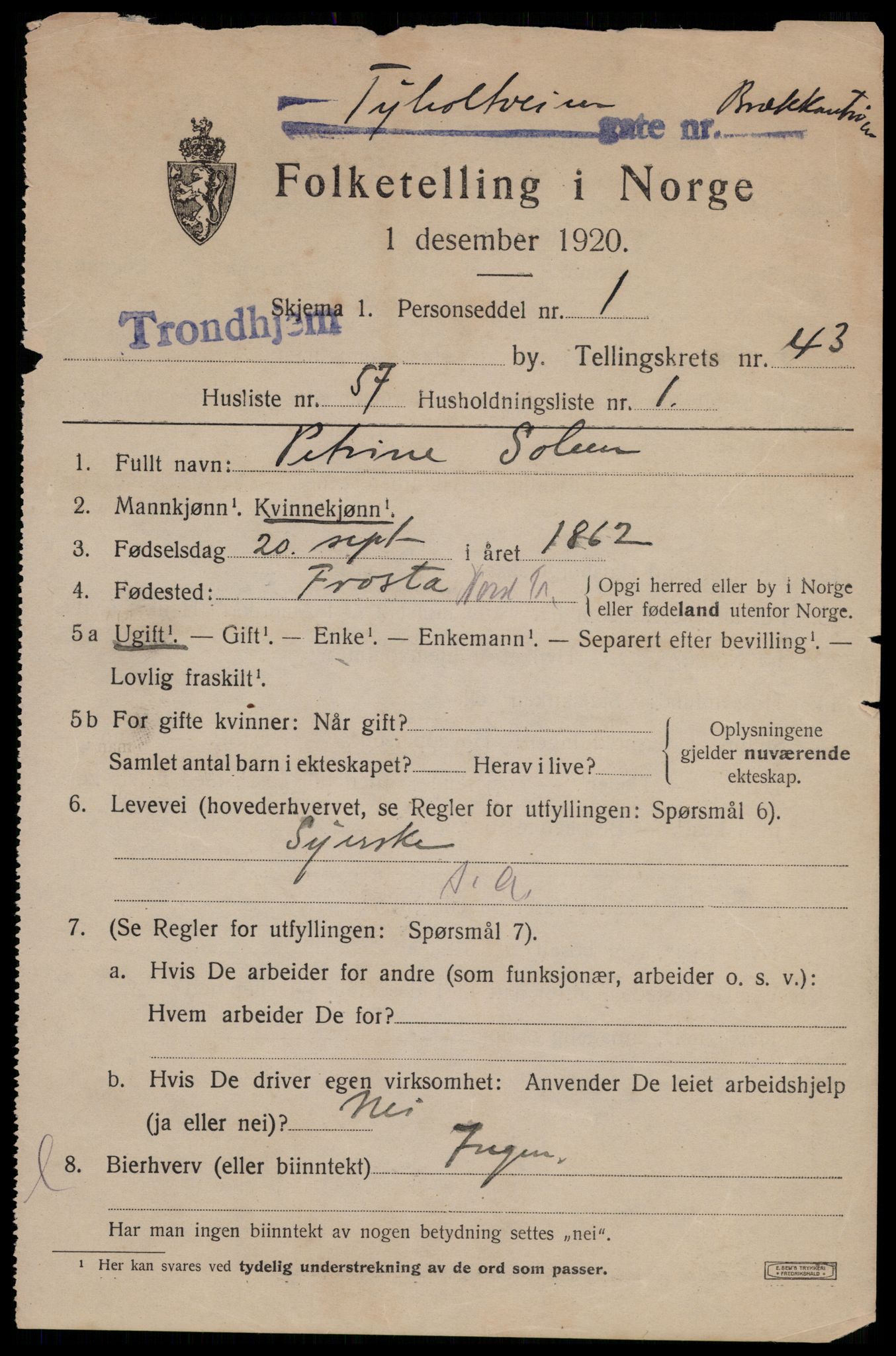 SAT, 1920 census for Trondheim, 1920, p. 94862