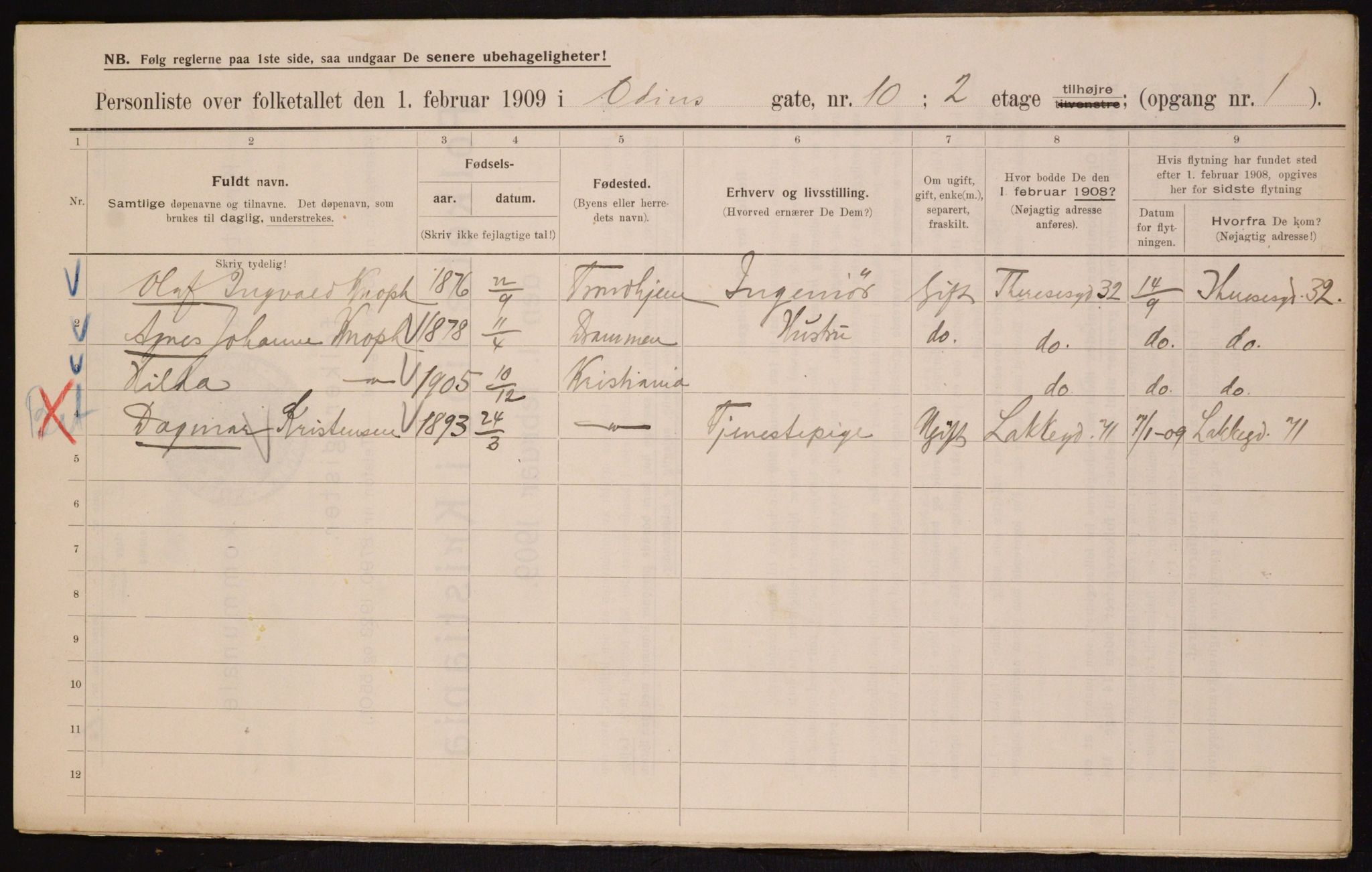 OBA, Municipal Census 1909 for Kristiania, 1909, p. 67677