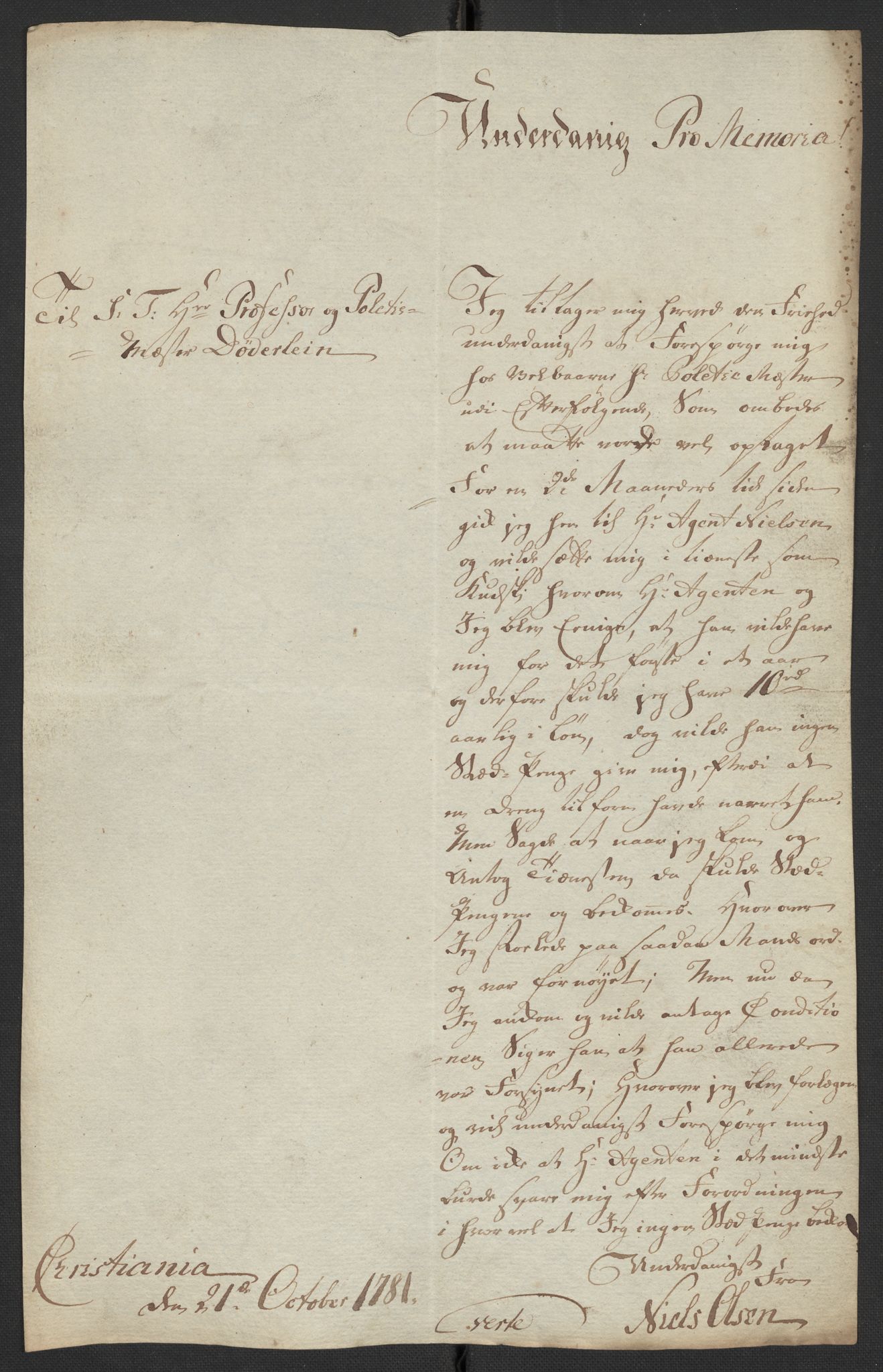Oslo politidistrikt, AV/SAO-A-10085/D/Da/L0003: Innkomne brev, pro memoria m.v., 1781, p. 122