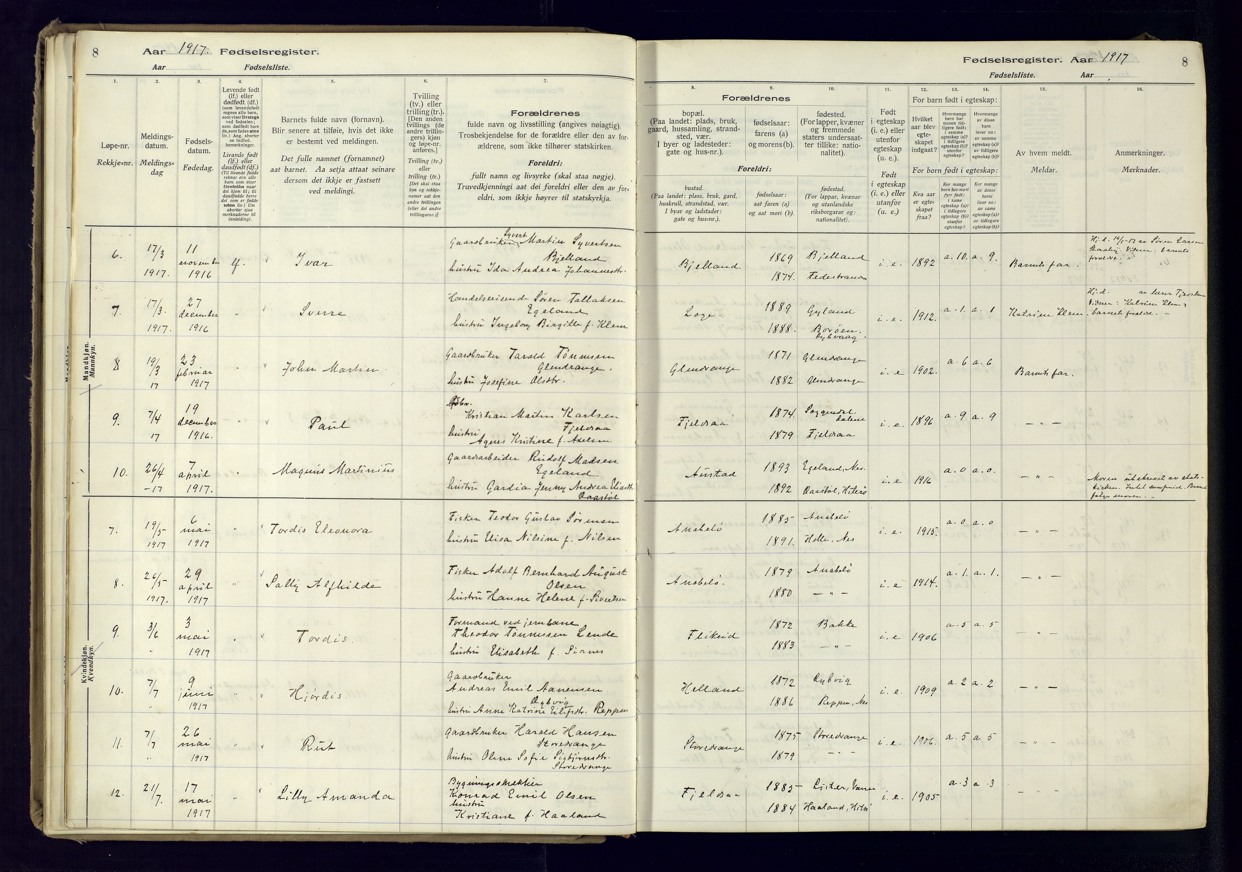 Flekkefjord sokneprestkontor, AV/SAK-1111-0012/J/Ja/L0005: Birth register no. 5, 1916-1950, p. 8