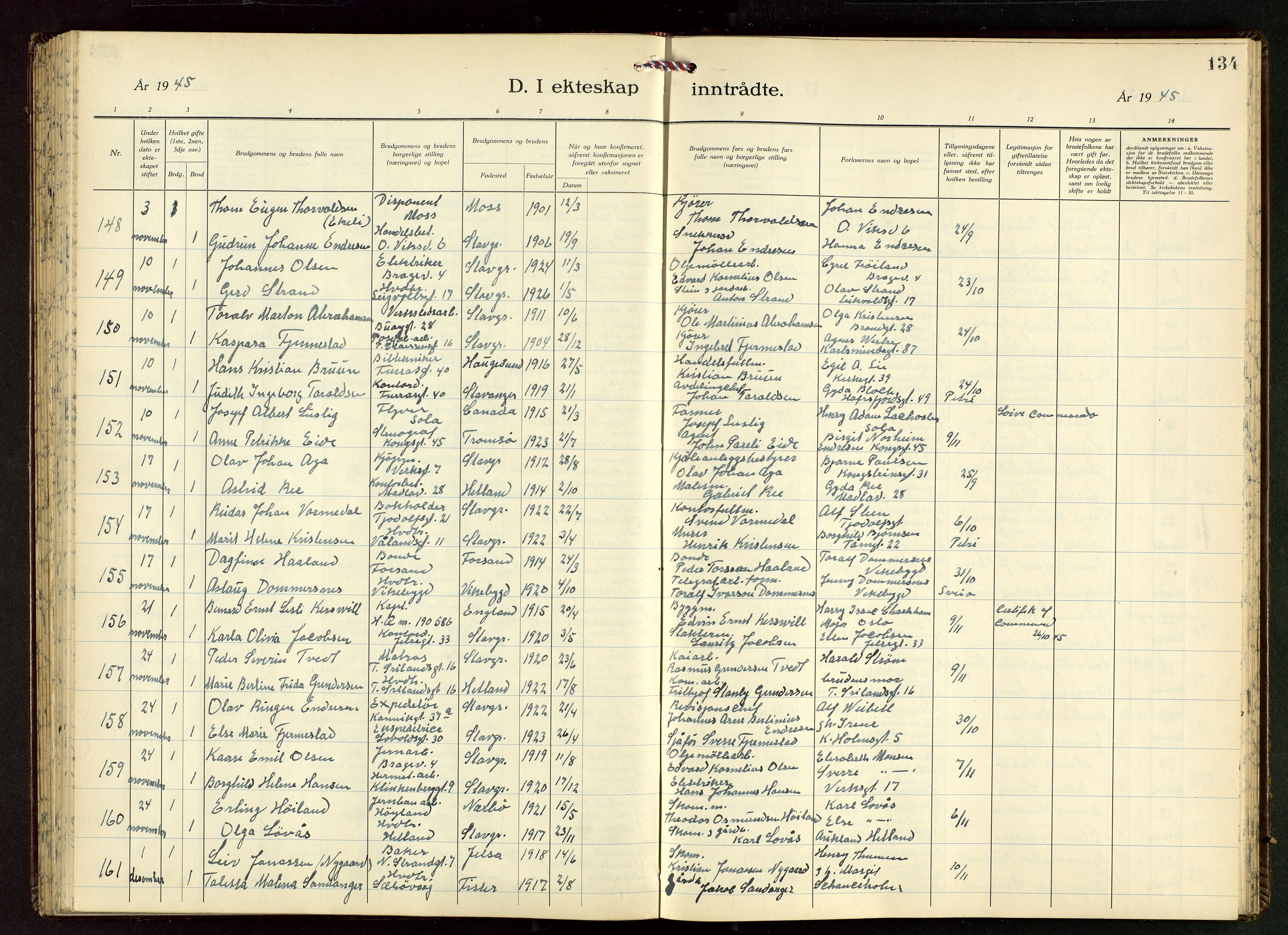 Domkirken sokneprestkontor, AV/SAST-A-101812/001/30/30BB/L0022: Parish register (copy) no. B 22, 1937-1949, p. 134