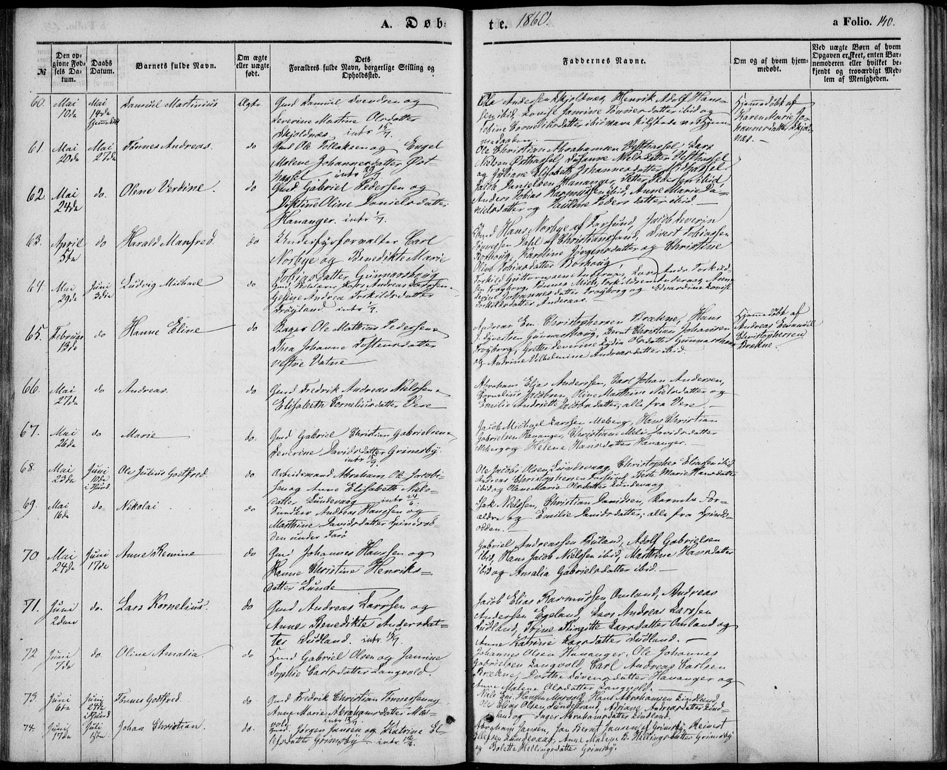 Lista sokneprestkontor, AV/SAK-1111-0027/F/Fb/L0002: Parish register (copy) no. B 2, 1847-1862, p. 140