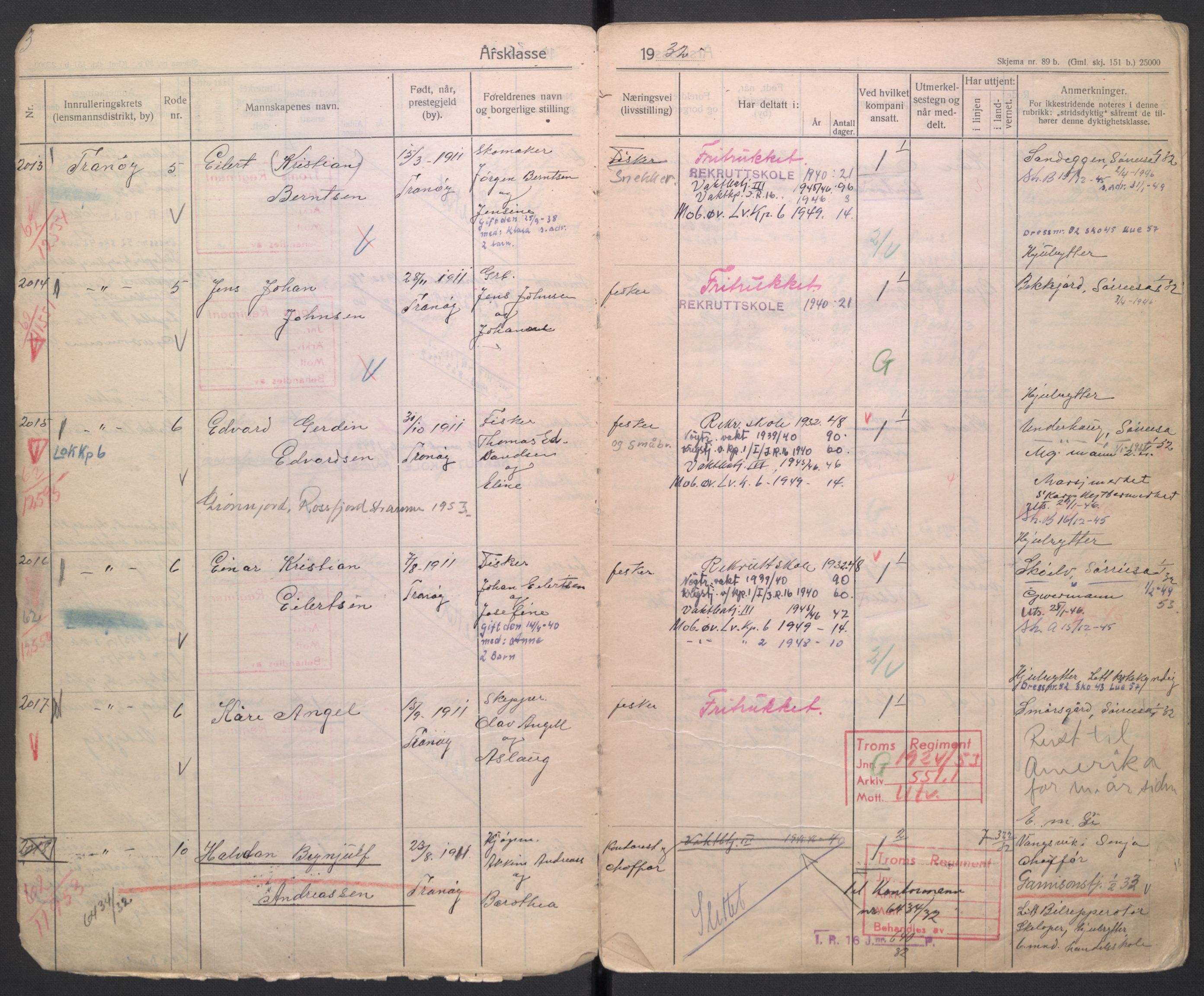 Forsvaret, Troms infanteriregiment nr. 16, AV/RA-RAFA-3146/P/Pa/L0006/0001: Ruller / Rulle for Trondenes bataljons menige mannskaper, årsklasse 1932, 1932, p. 3