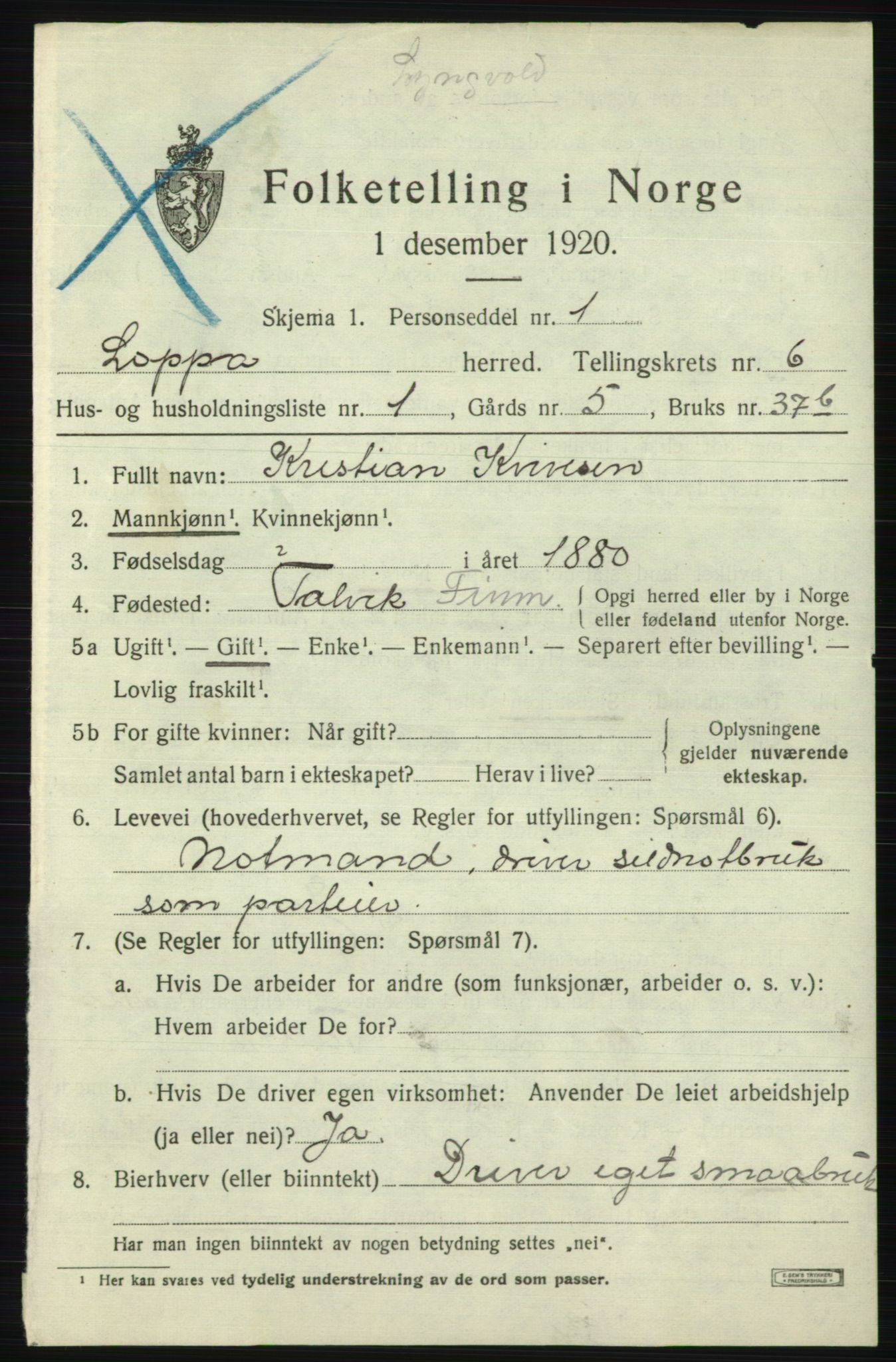 SATØ, 1920 census for Loppa, 1920, p. 2534