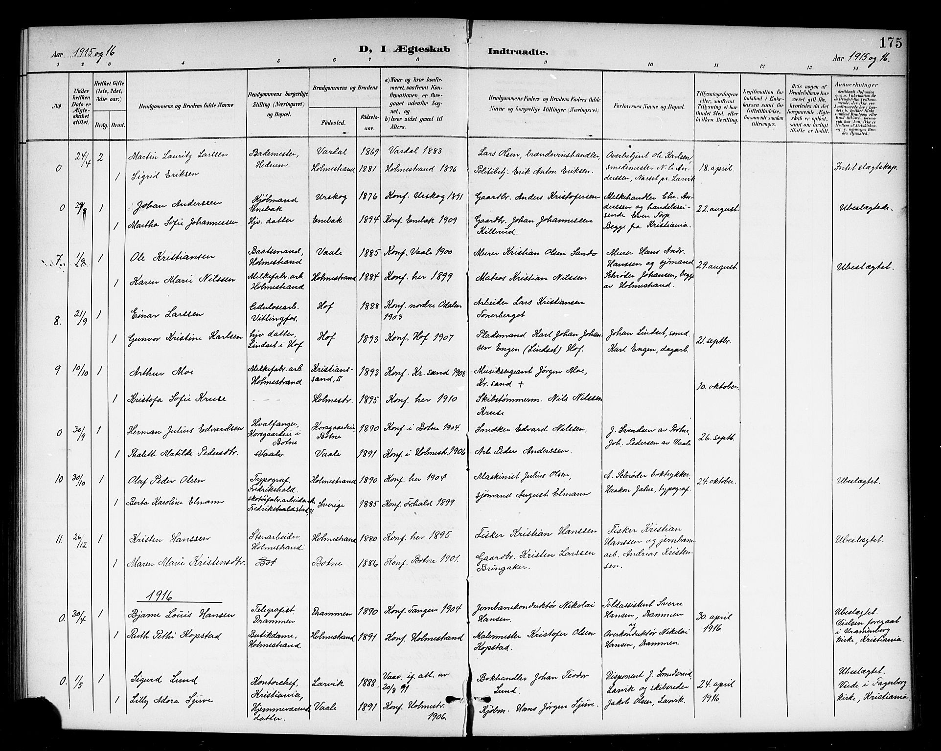 Holmestrand kirkebøker, AV/SAKO-A-346/G/Ga/L0006: Parish register (copy) no. 6, 1901-1923, p. 175