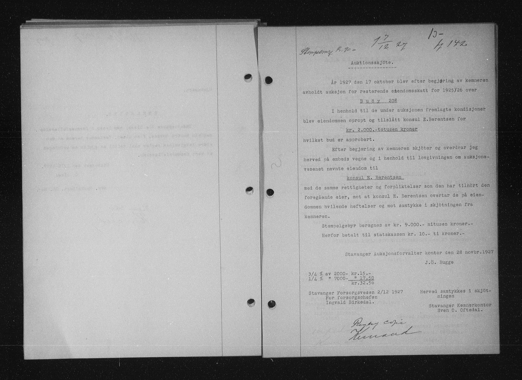 Stavanger byfogd, SAST/A-101408/001/4/41/410/410BB/L0053: Mortgage book no. 41, 1927-1928, Deed date: 07.12.1927