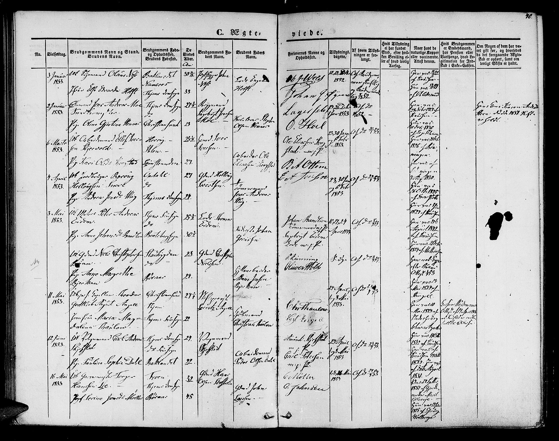 Ministerialprotokoller, klokkerbøker og fødselsregistre - Sør-Trøndelag, SAT/A-1456/602/L0111: Parish register (official) no. 602A09, 1844-1867, p. 40
