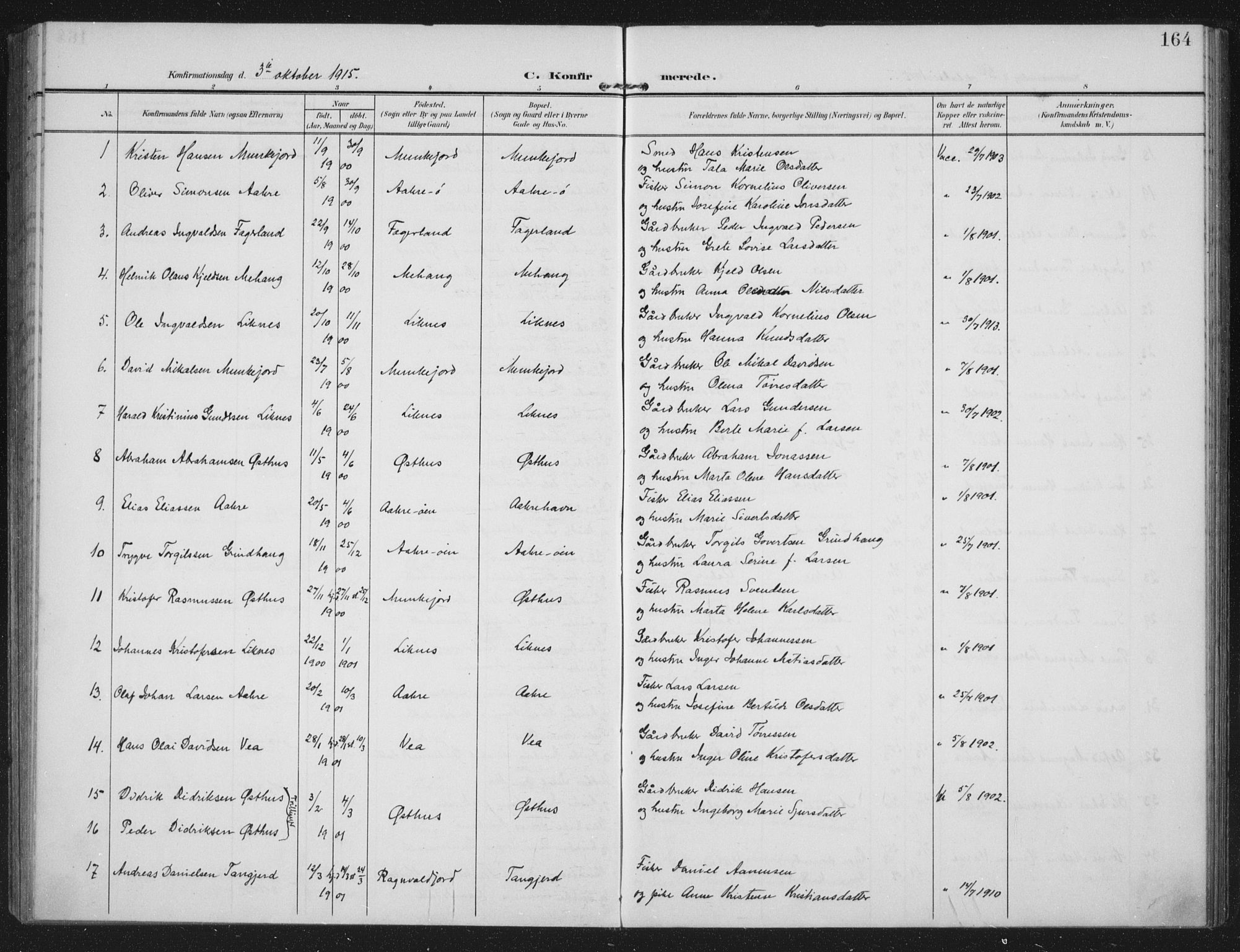 Kopervik sokneprestkontor, SAST/A-101850/H/Ha/Haa/L0005: Parish register (official) no. A 5, 1906-1924, p. 164