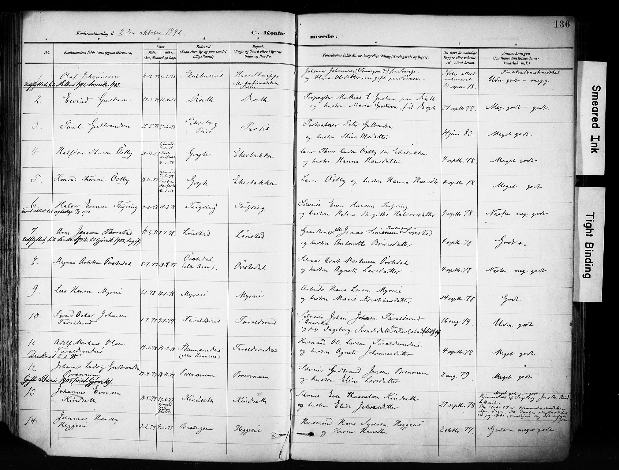Biri prestekontor, SAH/PREST-096/H/Ha/Haa/L0009: Parish register (official) no. 9, 1887-1900, p. 136