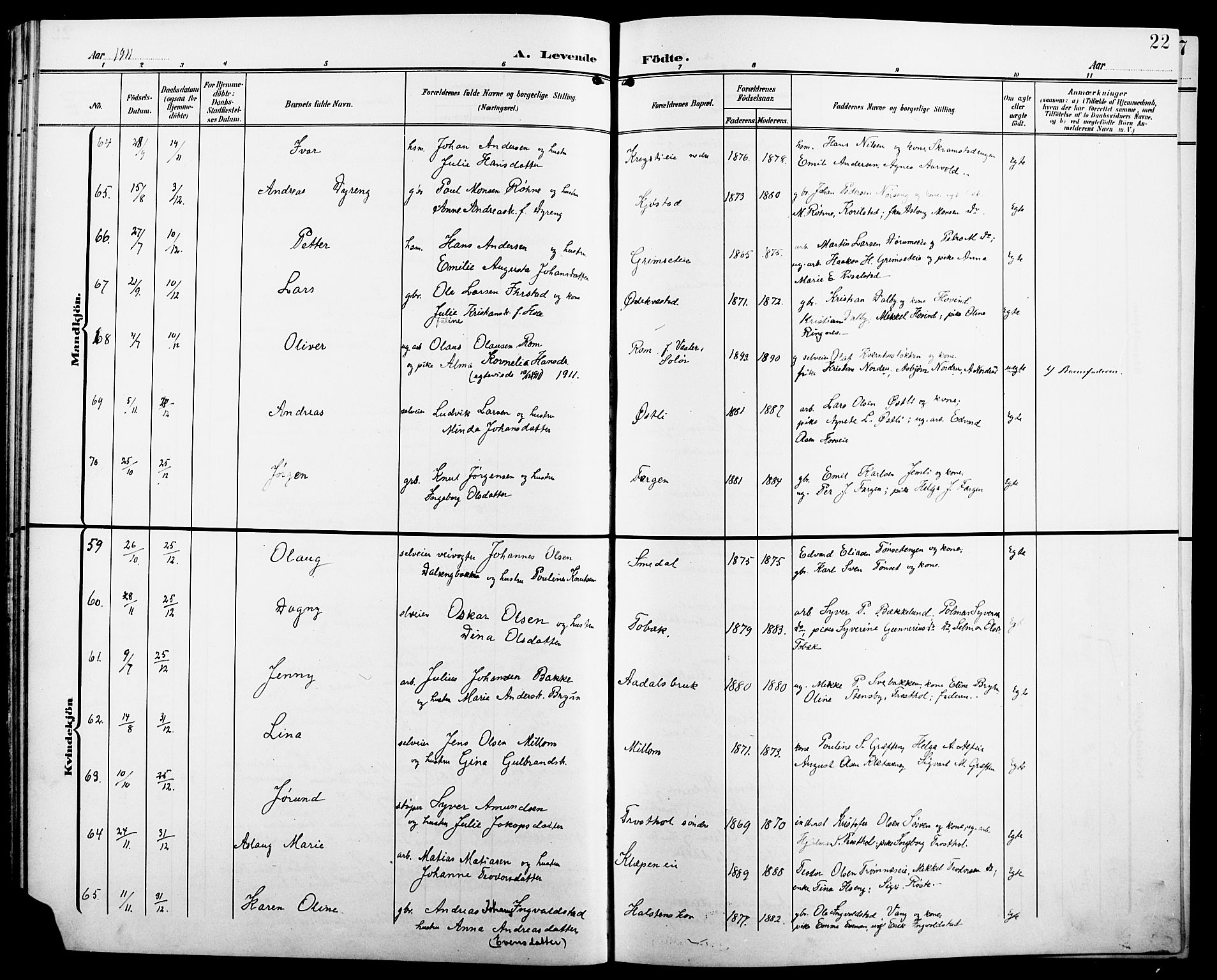 Løten prestekontor, SAH/PREST-022/L/La/L0007: Parish register (copy) no. 7, 1910-1919, p. 22