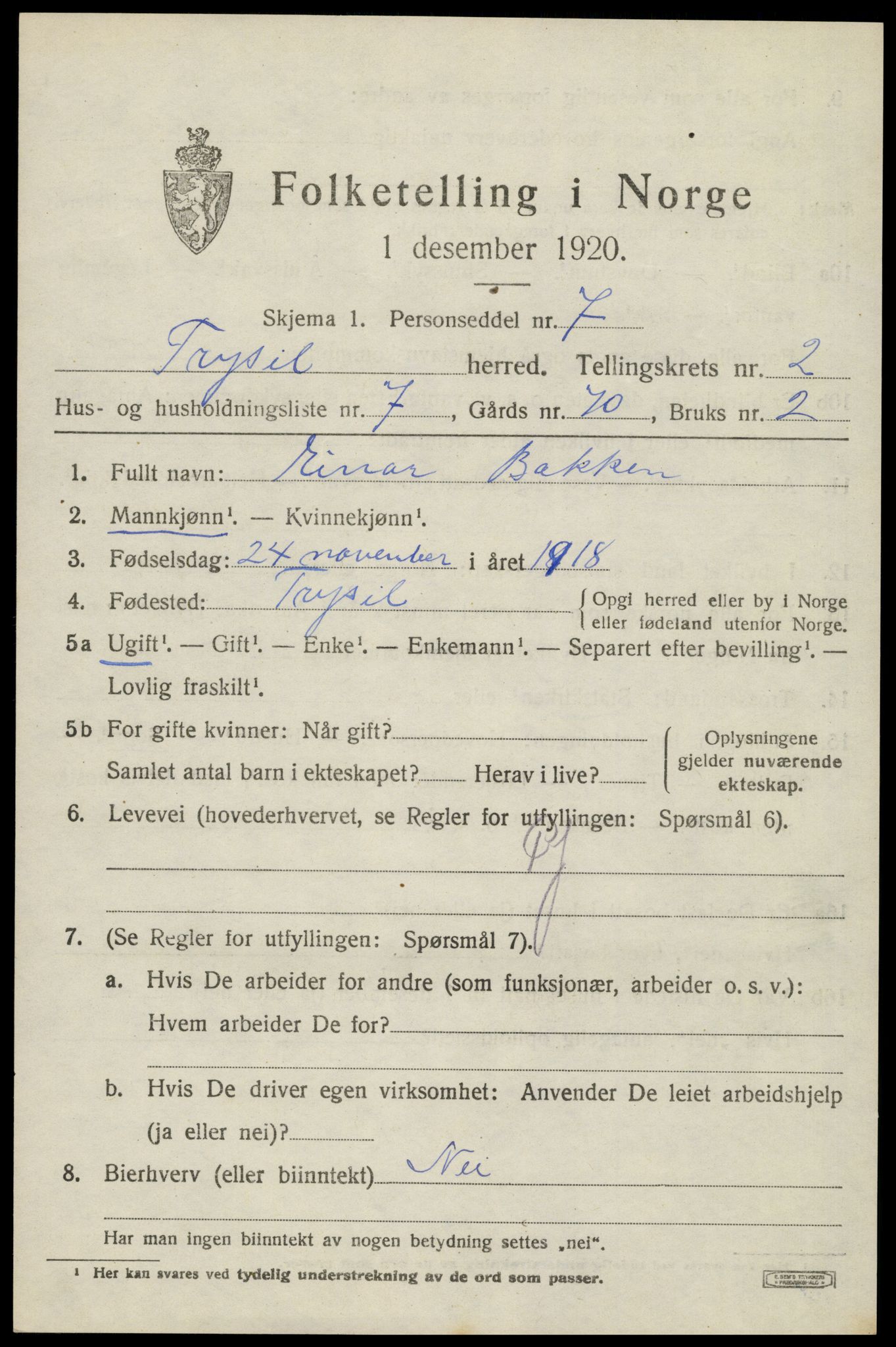 SAH, 1920 census for Trysil, 1920, p. 3165