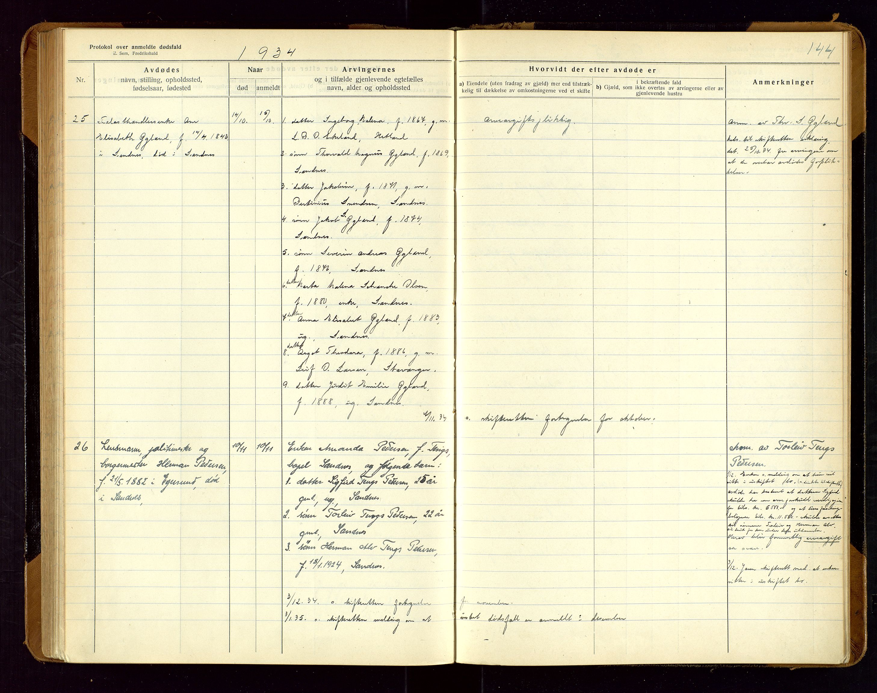 Sandnes lensmannskontor, AV/SAST-A-100167/Gga/L0001: "Protokol over anmeldte dødsfald" m/register, 1918-1940, p. 144