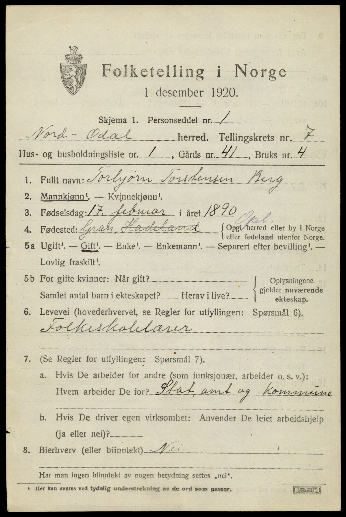 SAH, 1920 census for Nord-Odal, 1920, p. 7097
