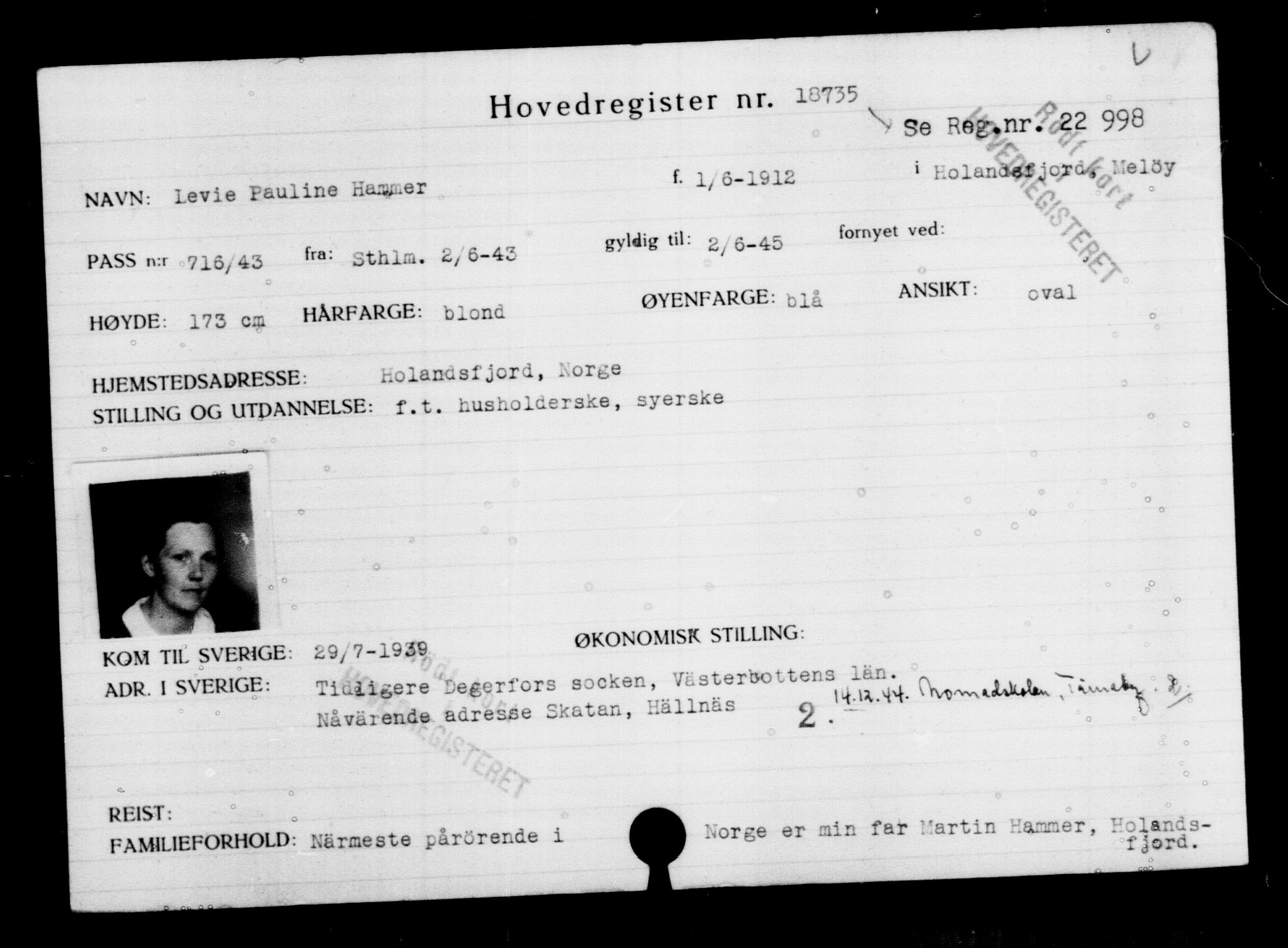 Utenriksstasjonene, Legasjonen i Stockholm, Flyktningkontoret, AV/RA-S-6753/V/Va/L0009: Kjesäterkartoteket, flyktninger med registreringsnr. 18502-22048, 1940-1945, p. 277
