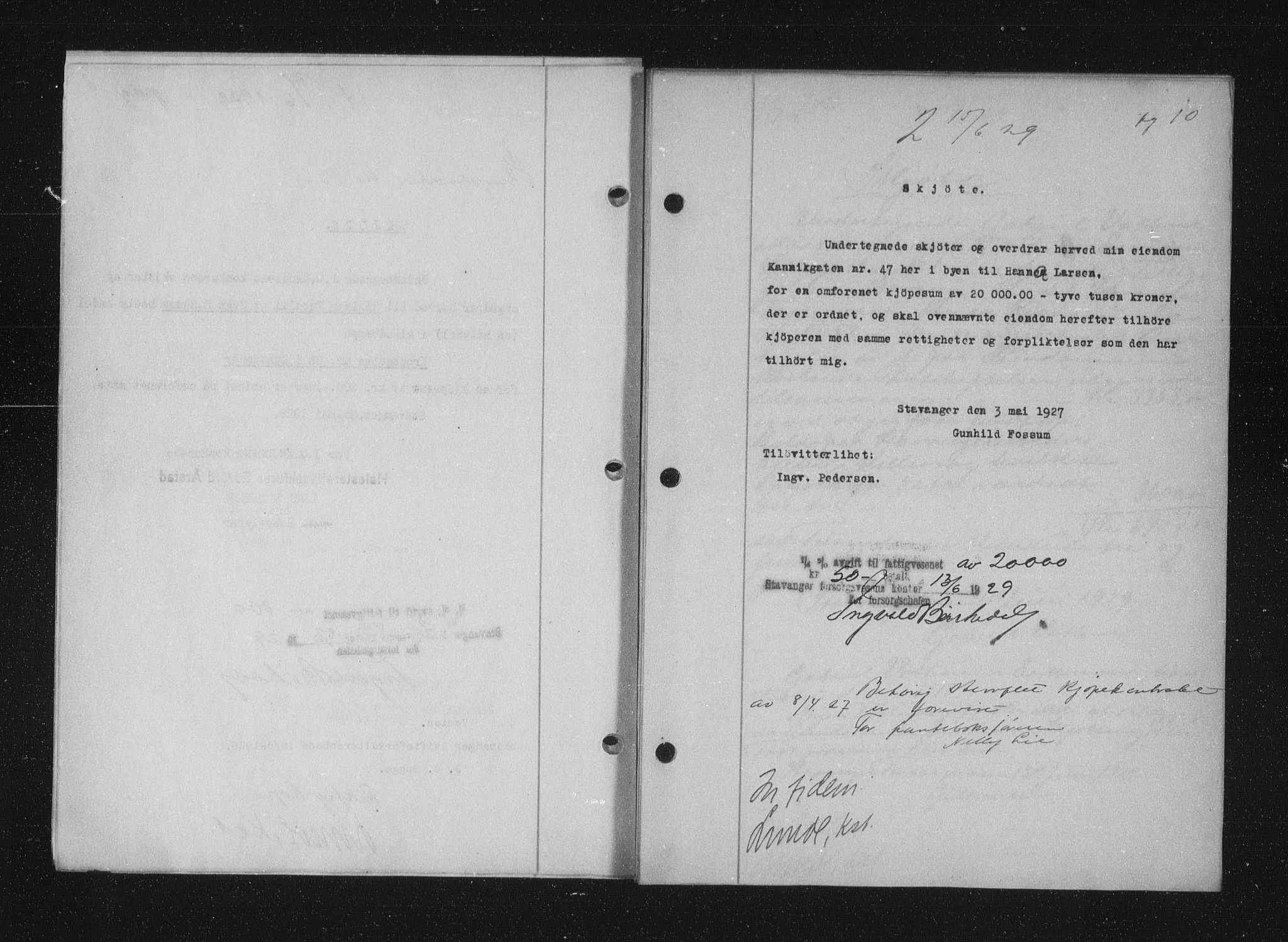 Stavanger byfogd, SAST/A-101408/001/4/41/410/410BB/L0056: Mortgage book no. 44, 1929-1930, Deed date: 15.06.1929